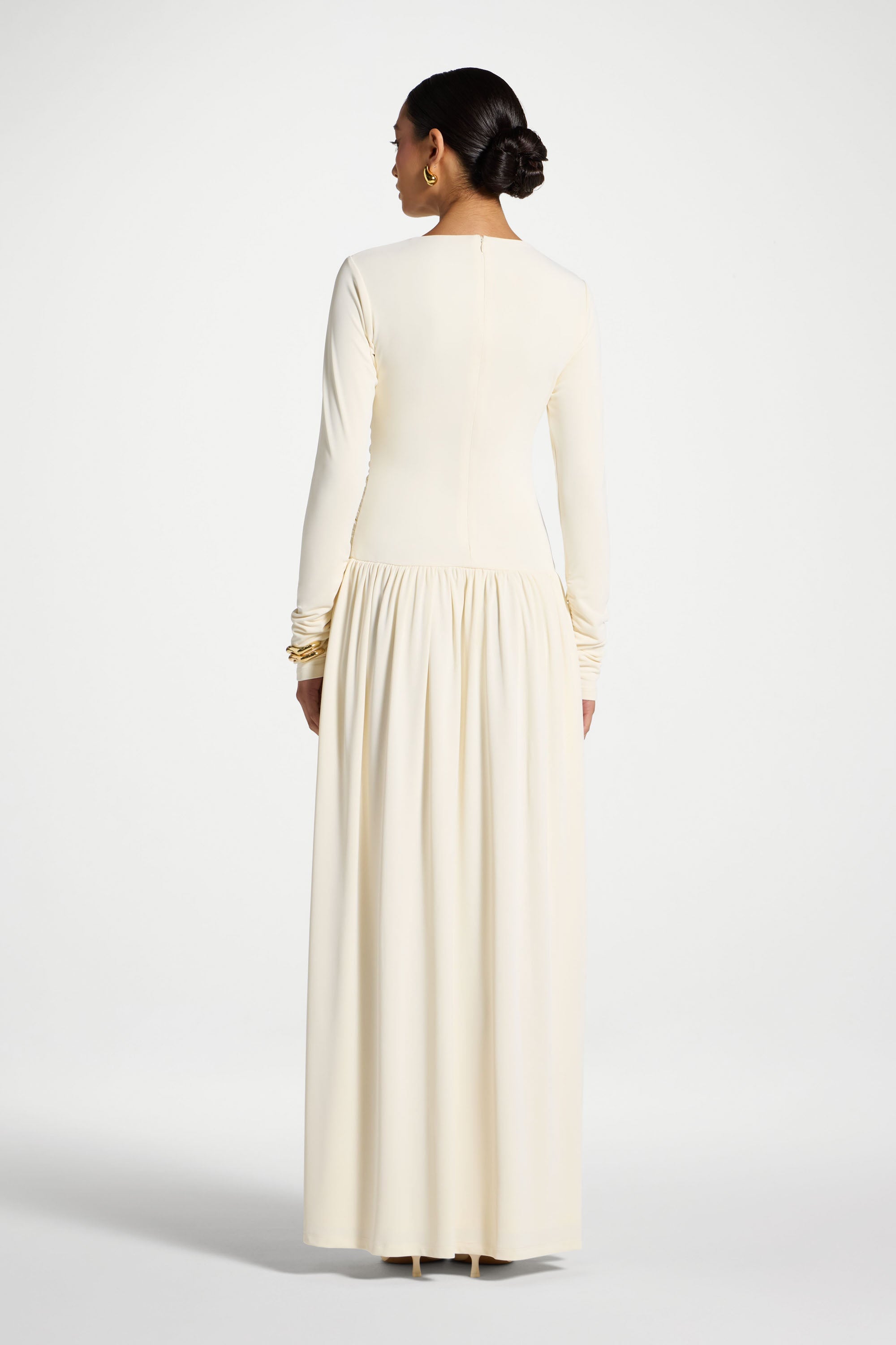 Boat Neck Rouched Maxi Dress - Ivory Abayas Veiled 