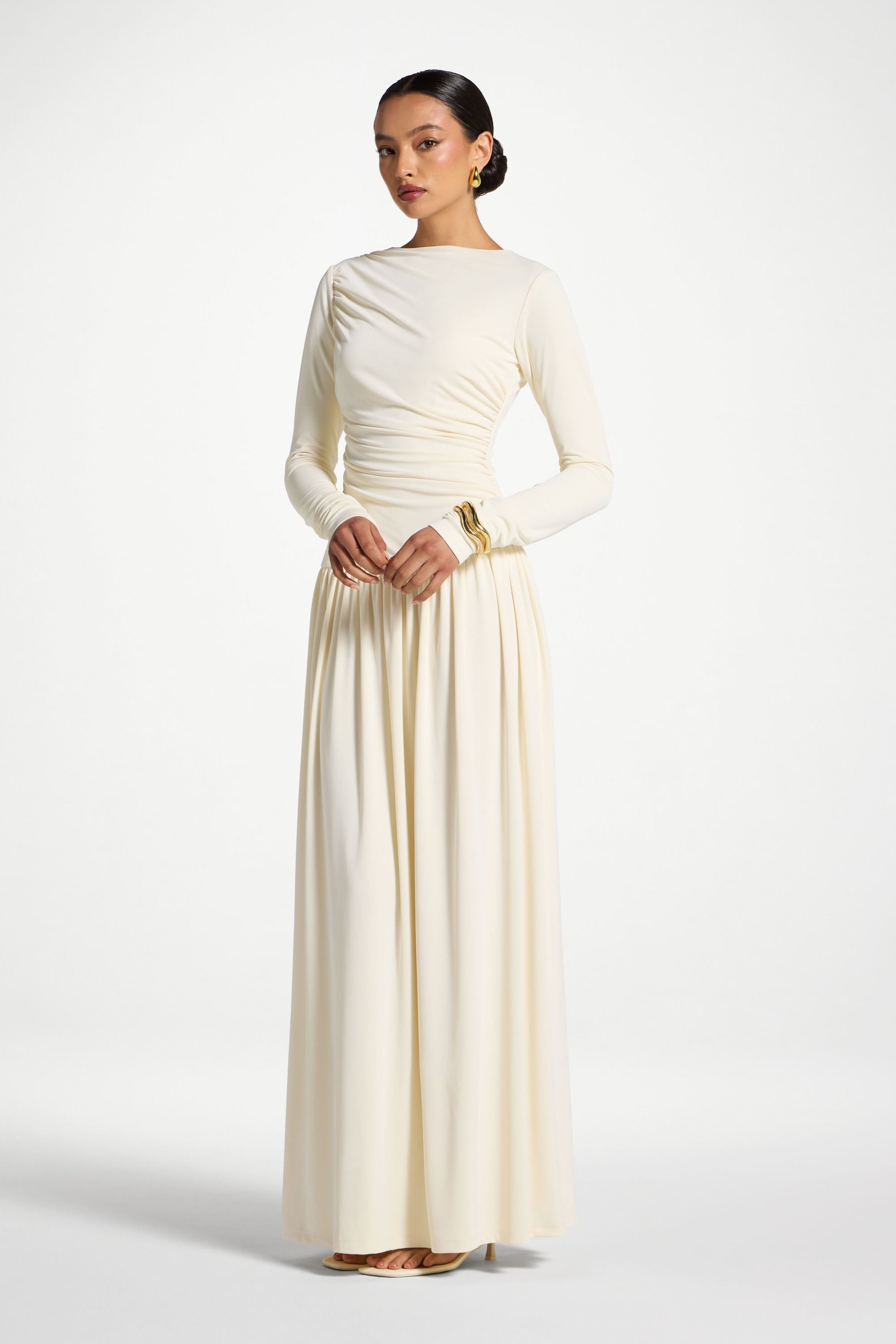 Boat Neck Rouched Maxi Dress - Ivory Abayas Veiled 