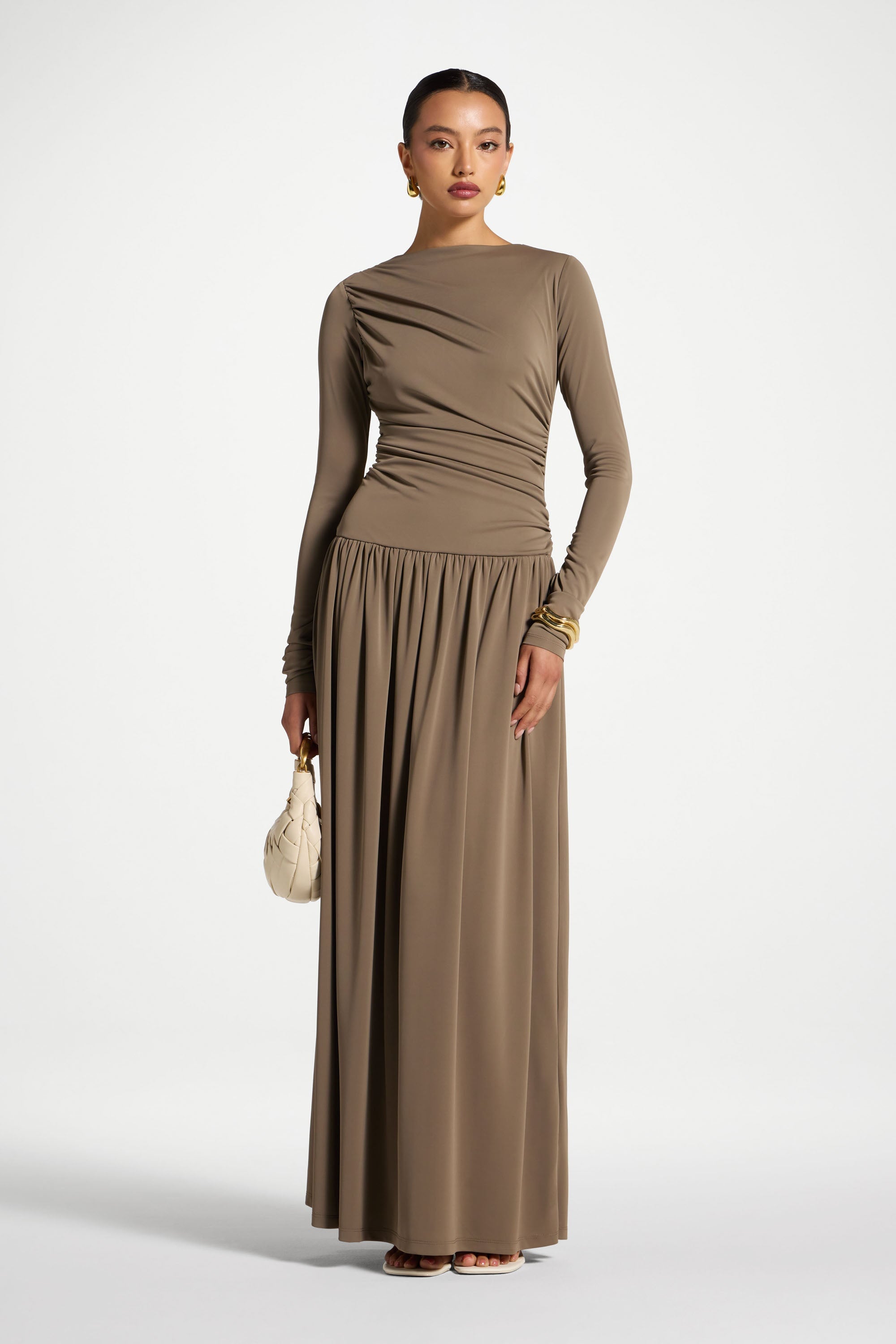 Boat Neck Rouched Maxi Dress - Vetiver Abayas Veiled 
