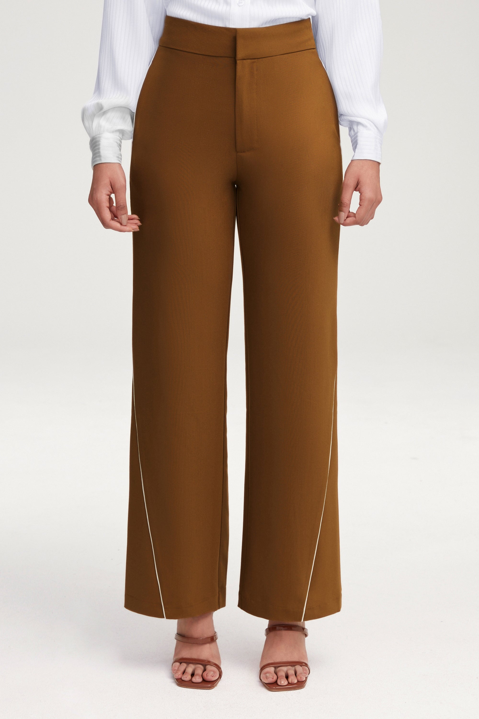 Brown Wide Leg Piping Detail Pants Clothing Veiled 