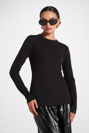 Brushed Cotton Blend Crew Neck Top - Black