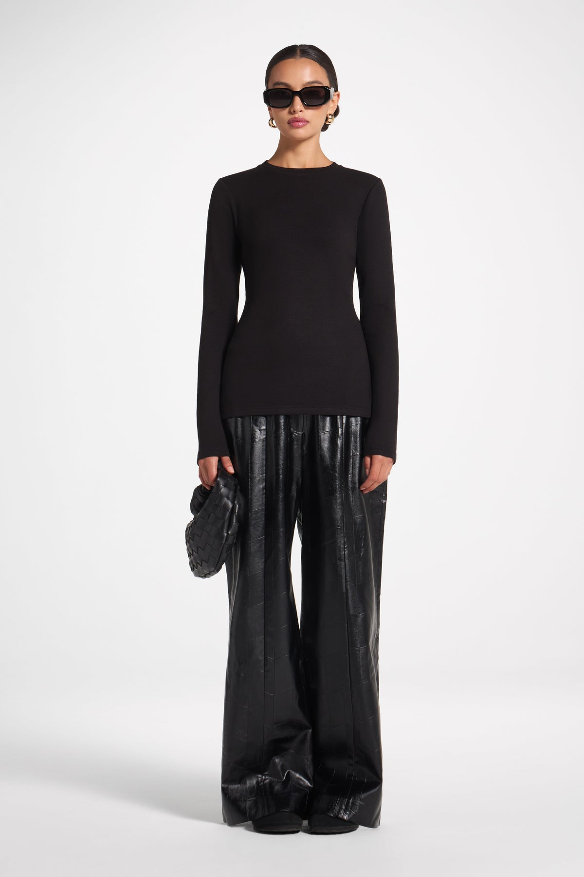 Brushed Cotton Blend Crew Neck Top - Black Top Veiled 