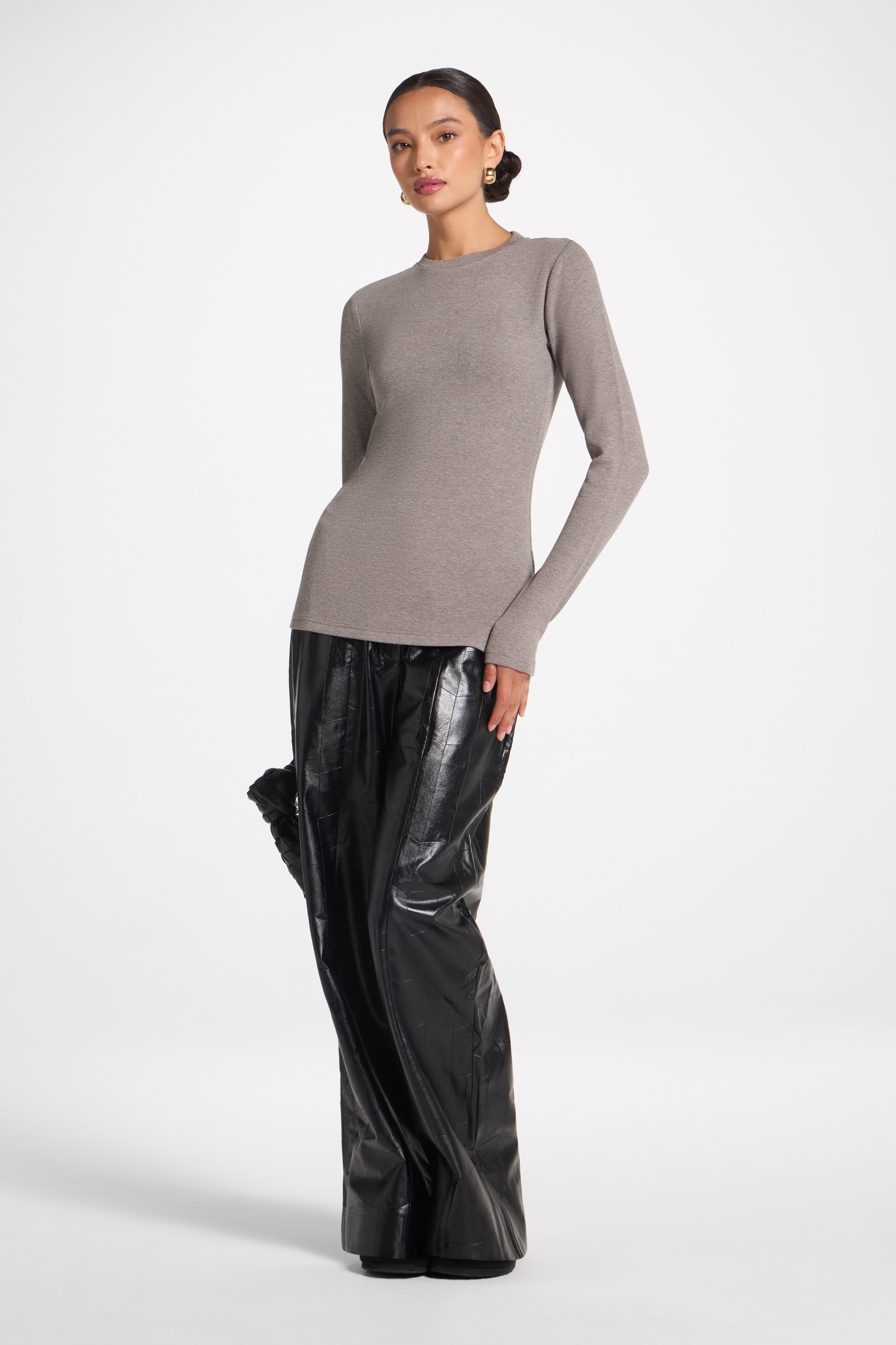 Brushed Cotton Blend Crew Neck Top - Heather Grey Top Veiled 