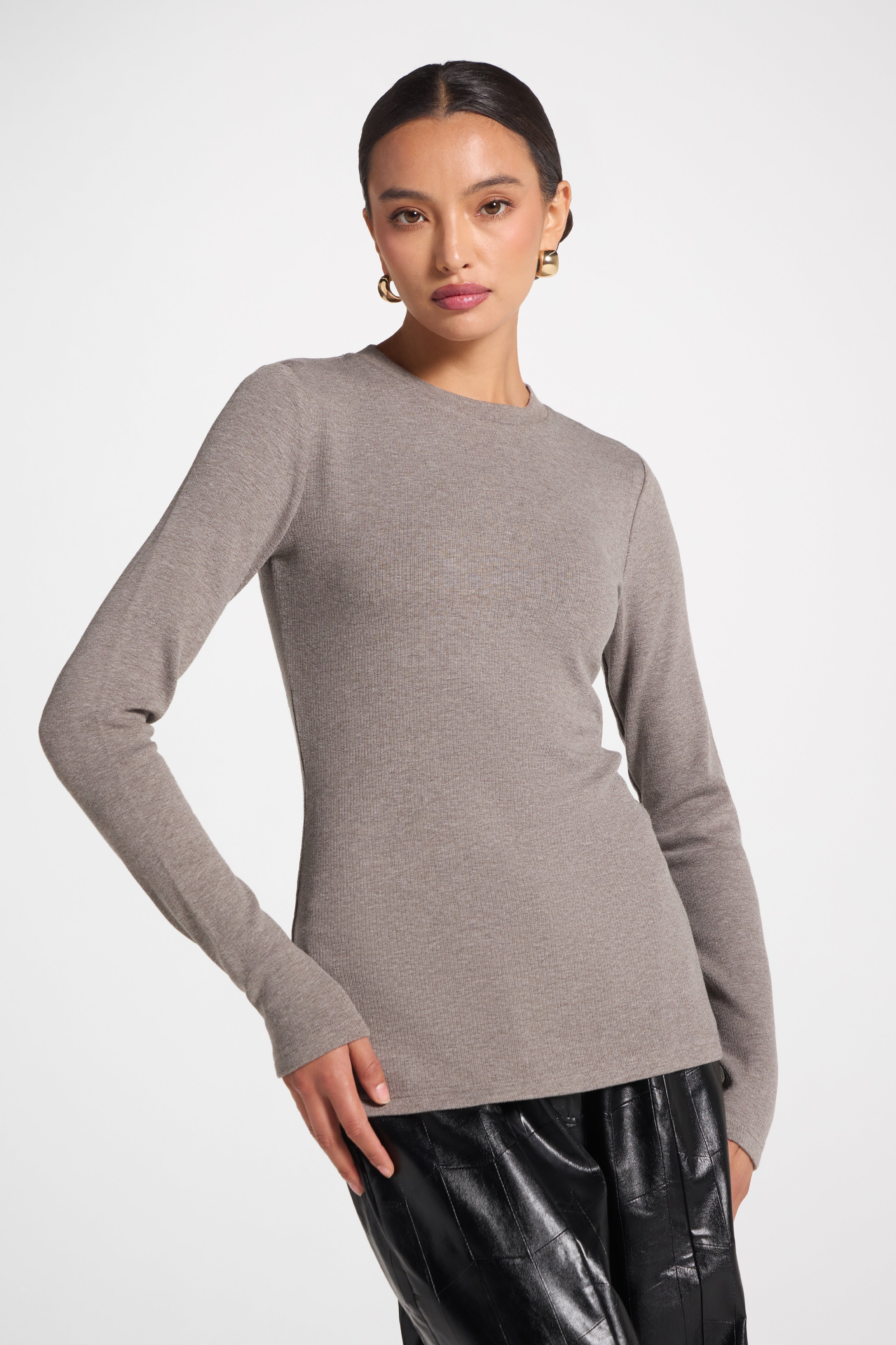 Brushed Cotton Blend Crew Neck Top - Heather Grey Top Veiled 