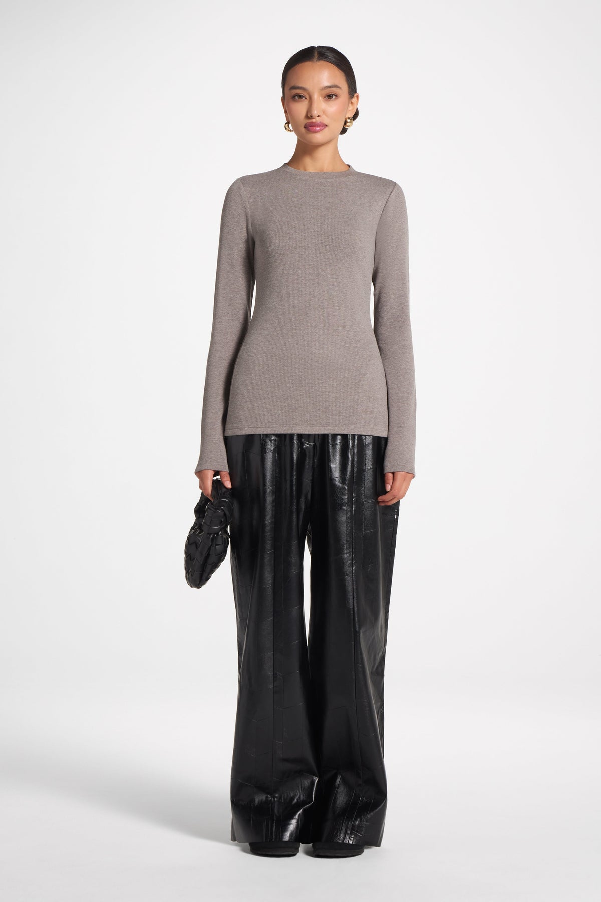 Brushed Cotton Blend Crew Neck Top - Heather Grey Top Veiled 