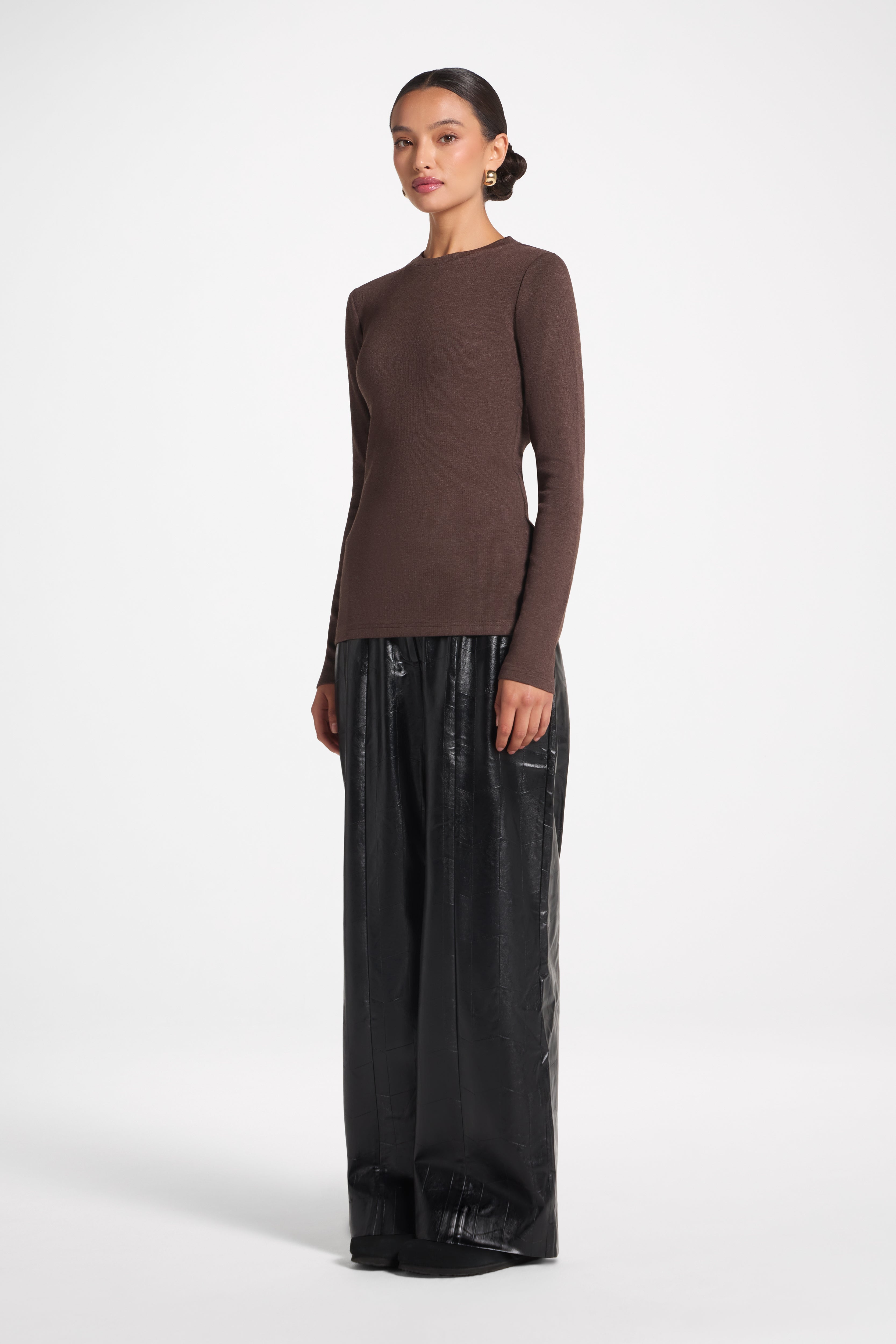 Brushed Cotton Blend Crew Neck Top - Heathered Brown Top Veiled 