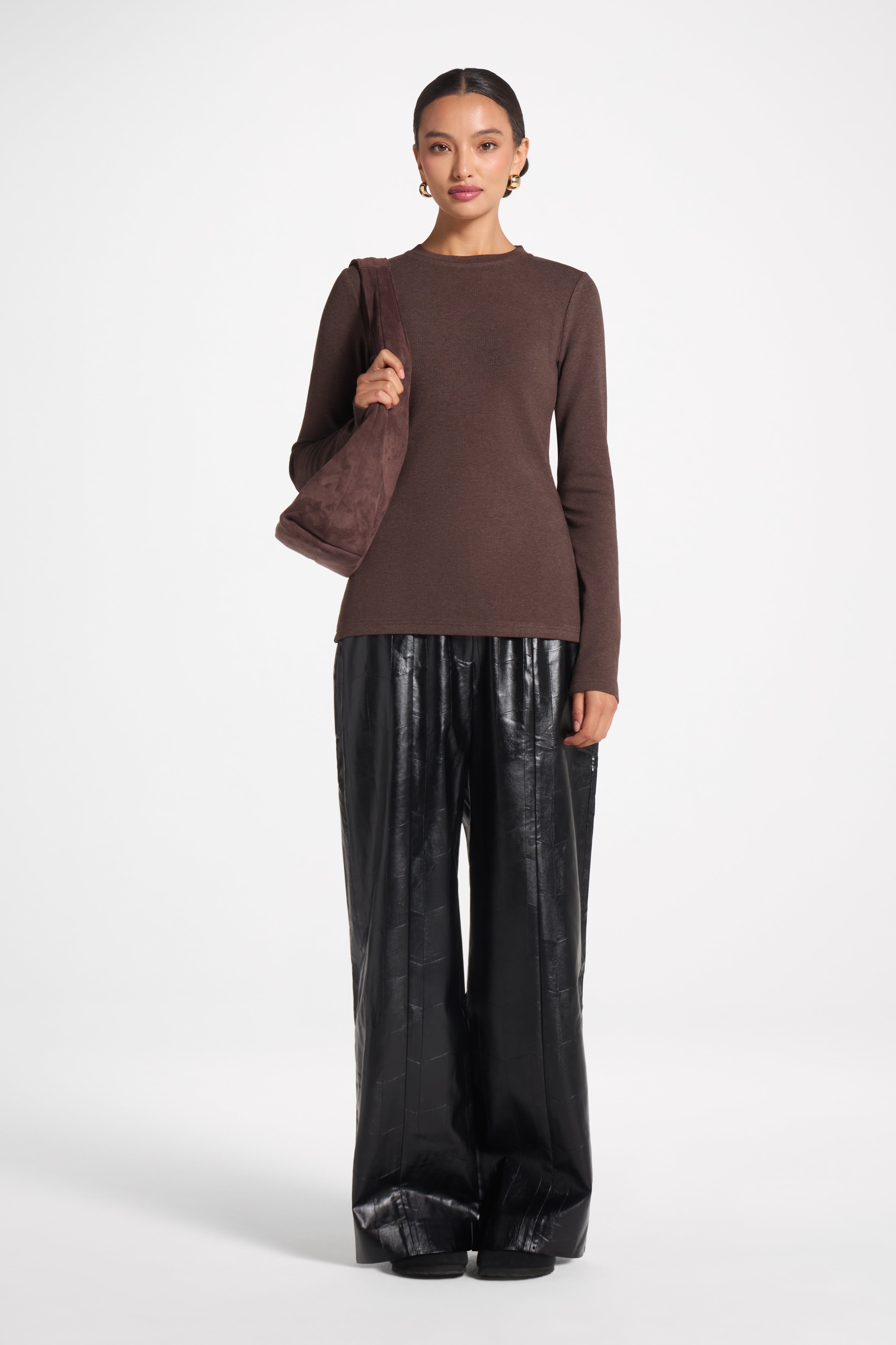 Brushed Cotton Blend Crew Neck Top - Heathered Brown Top Veiled 