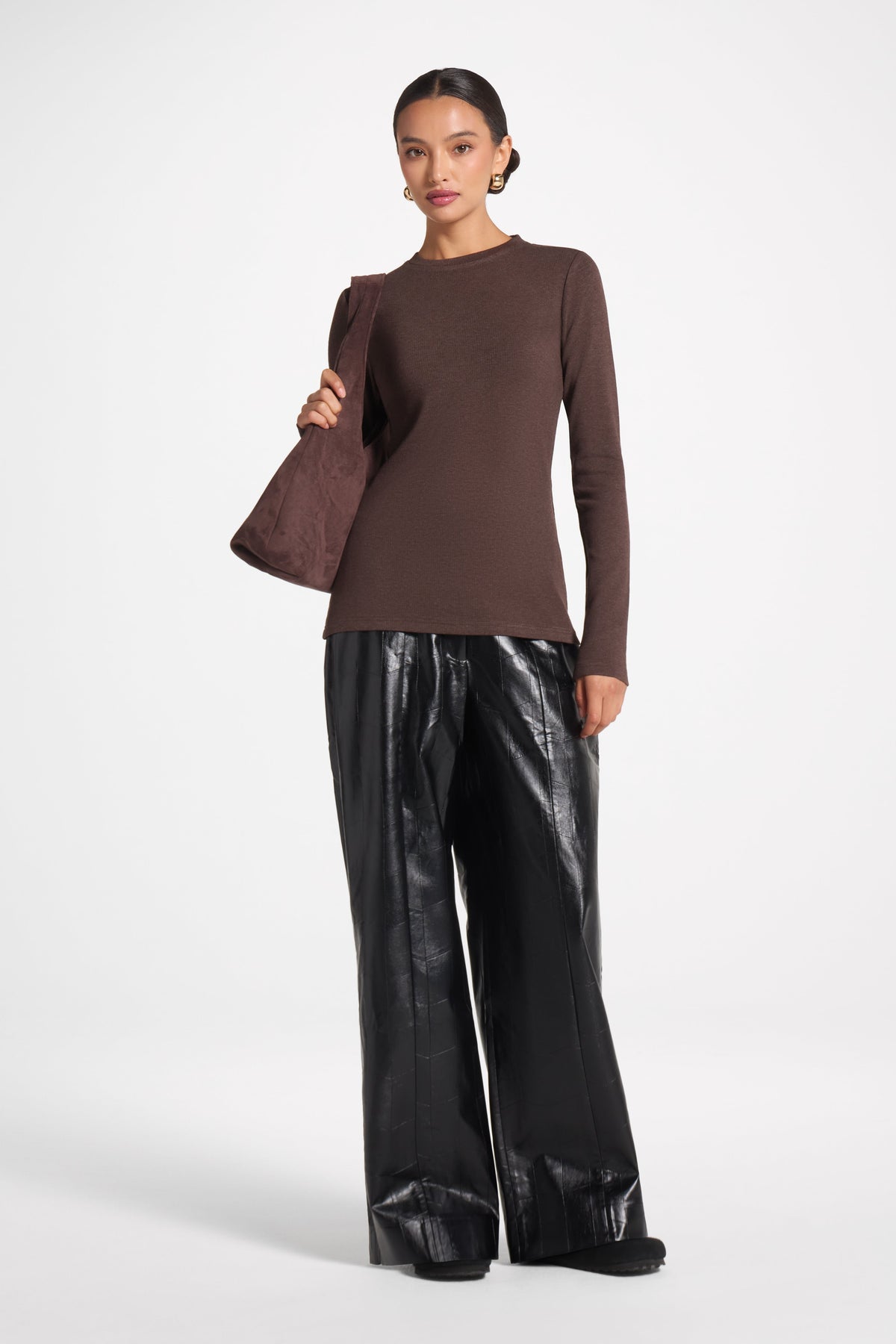Brushed Cotton Blend Crew Neck Top - Heathered Brown Top Veiled 