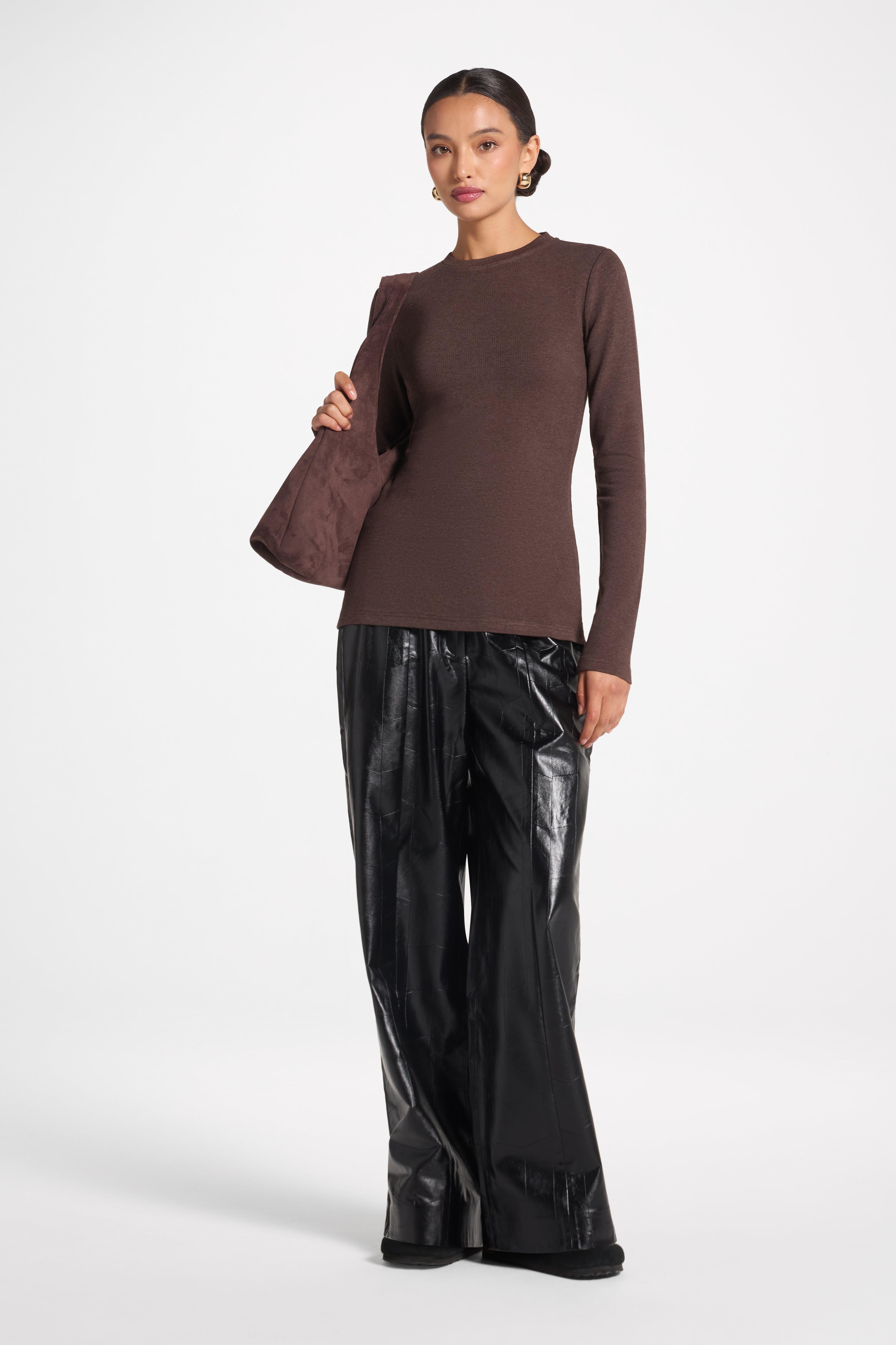 Brushed Cotton Blend Crew Neck Top - Heathered Brown Top Veiled 