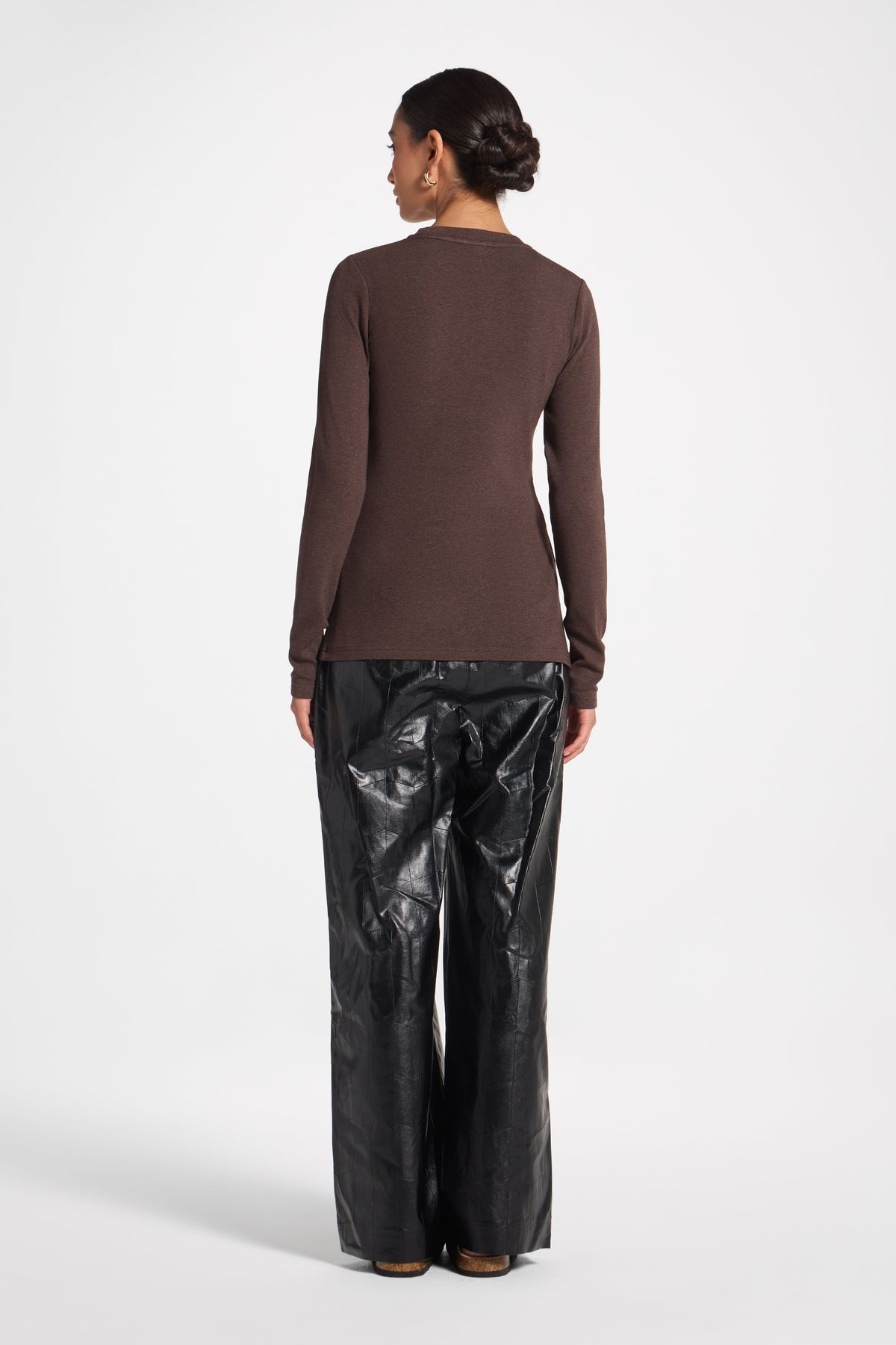 Brushed Cotton Blend Crew Neck Top - Heathered Brown Top Veiled 