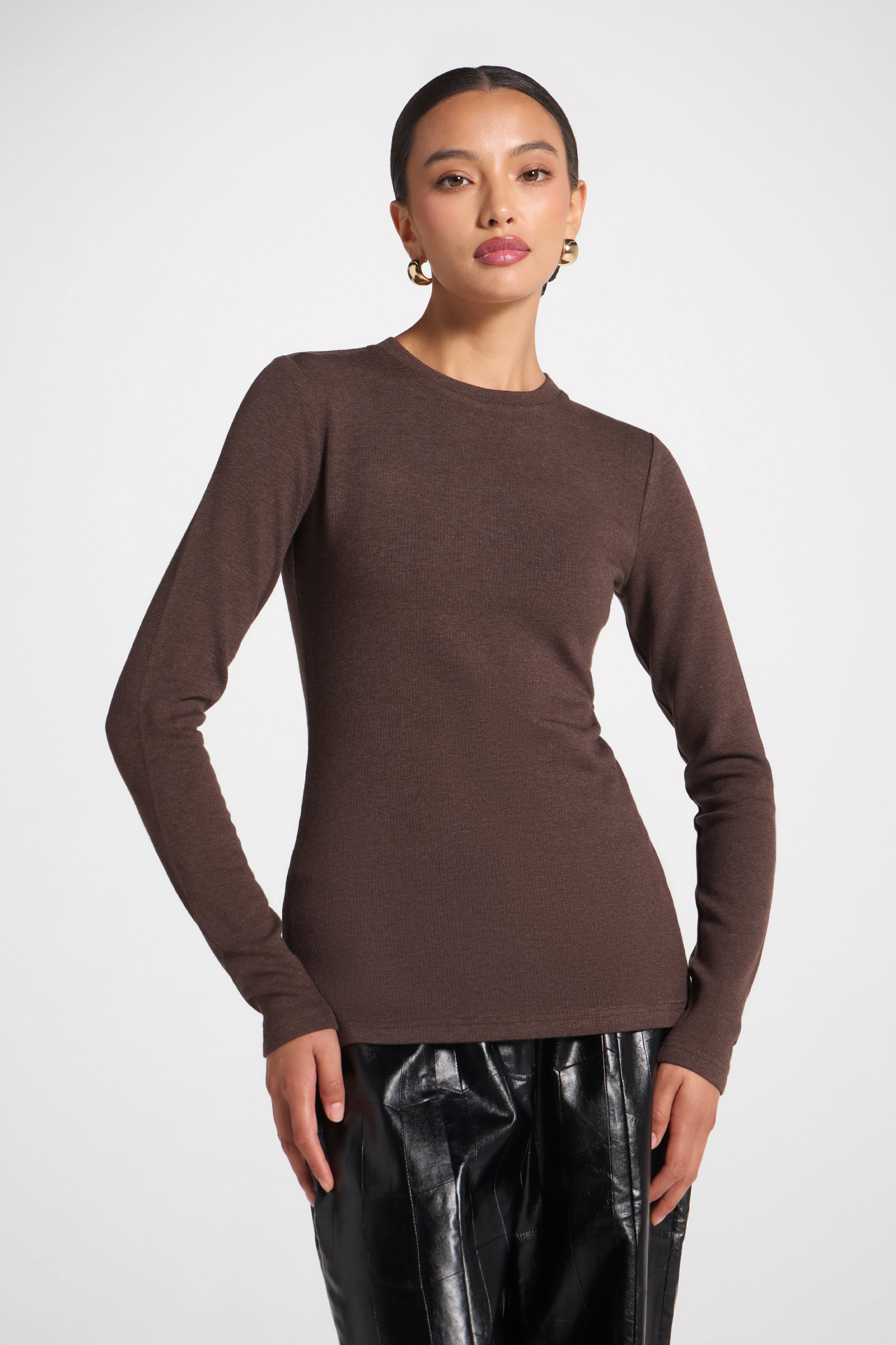 Brushed Cotton Blend Crew Neck Top - Heathered Brown Top Veiled 
