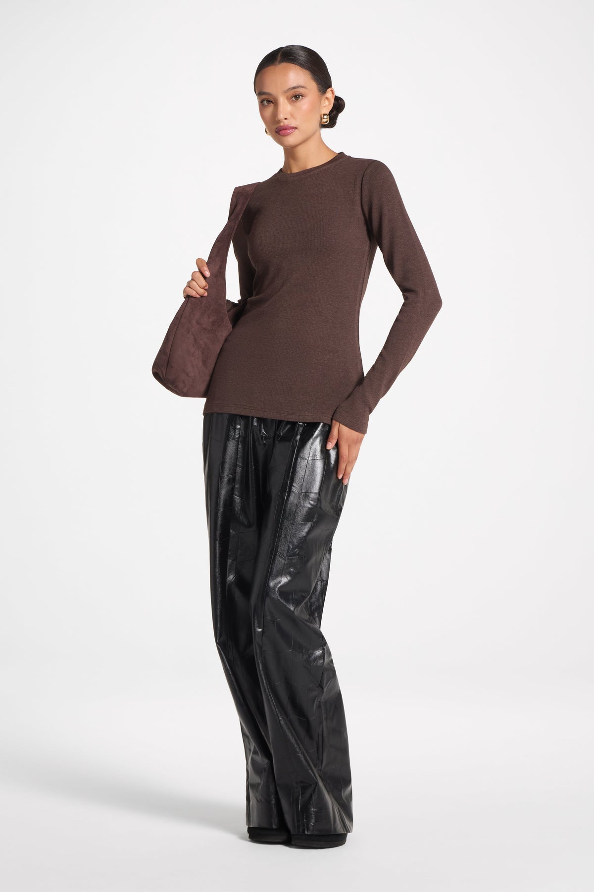 Brushed Cotton Blend Crew Neck Top - Heathered Brown Top Veiled 