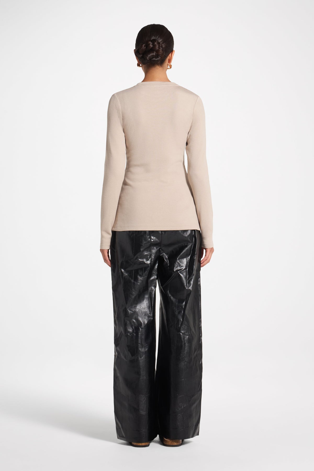 Brushed Cotton Blend Crew Neck Top - Taupe Top Veiled 