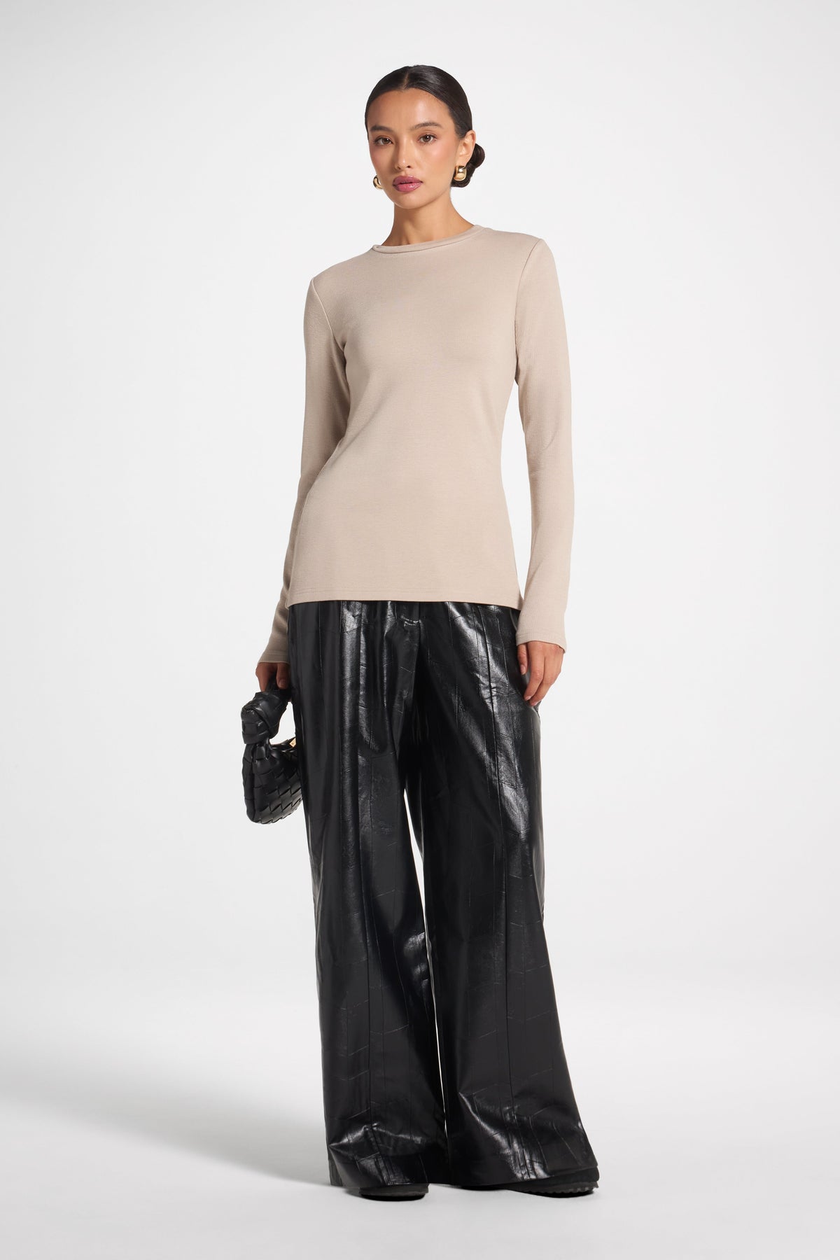 Brushed Cotton Blend Crew Neck Top - Taupe Top Veiled 