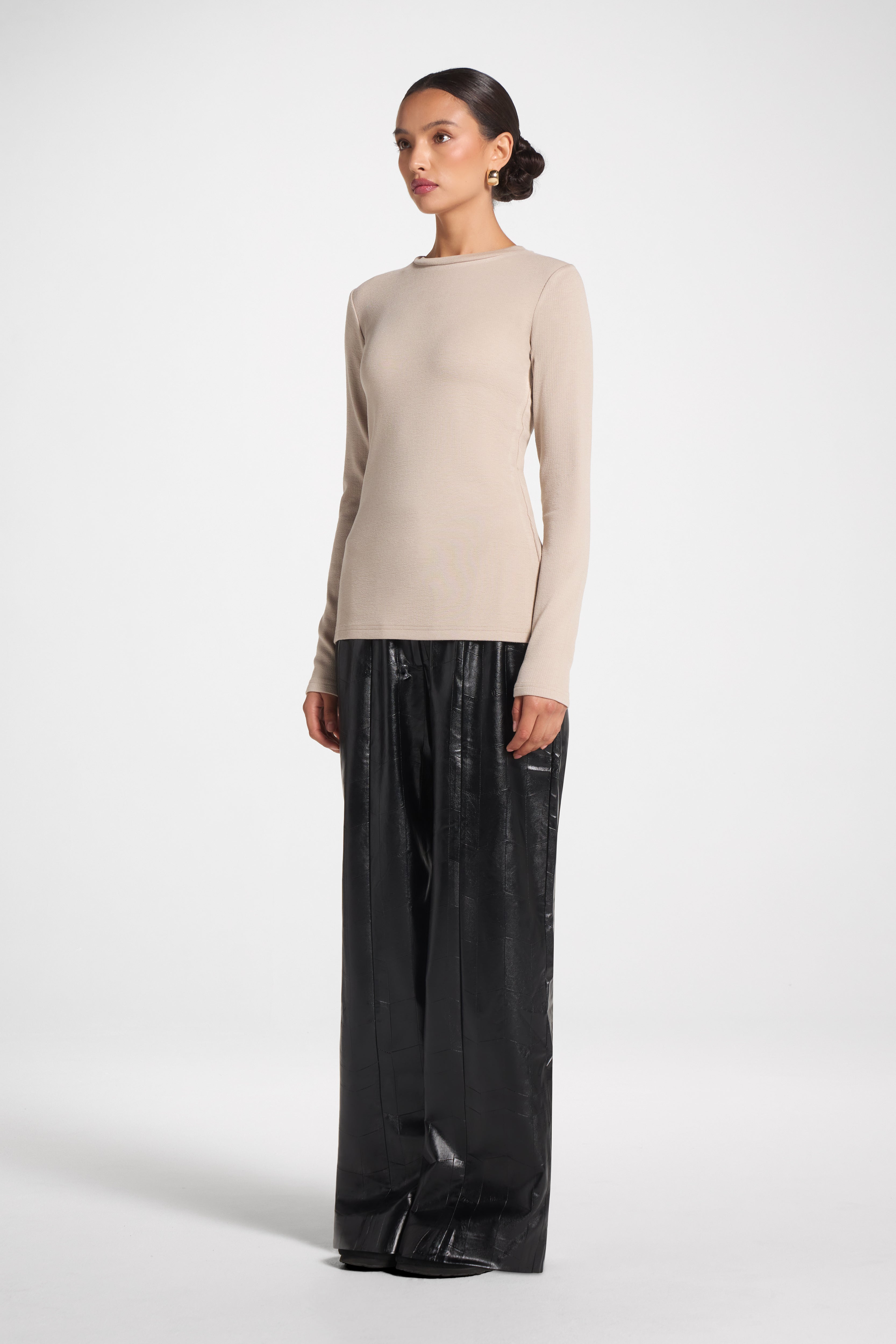 Brushed Cotton Blend Crew Neck Top - Taupe Top Veiled 