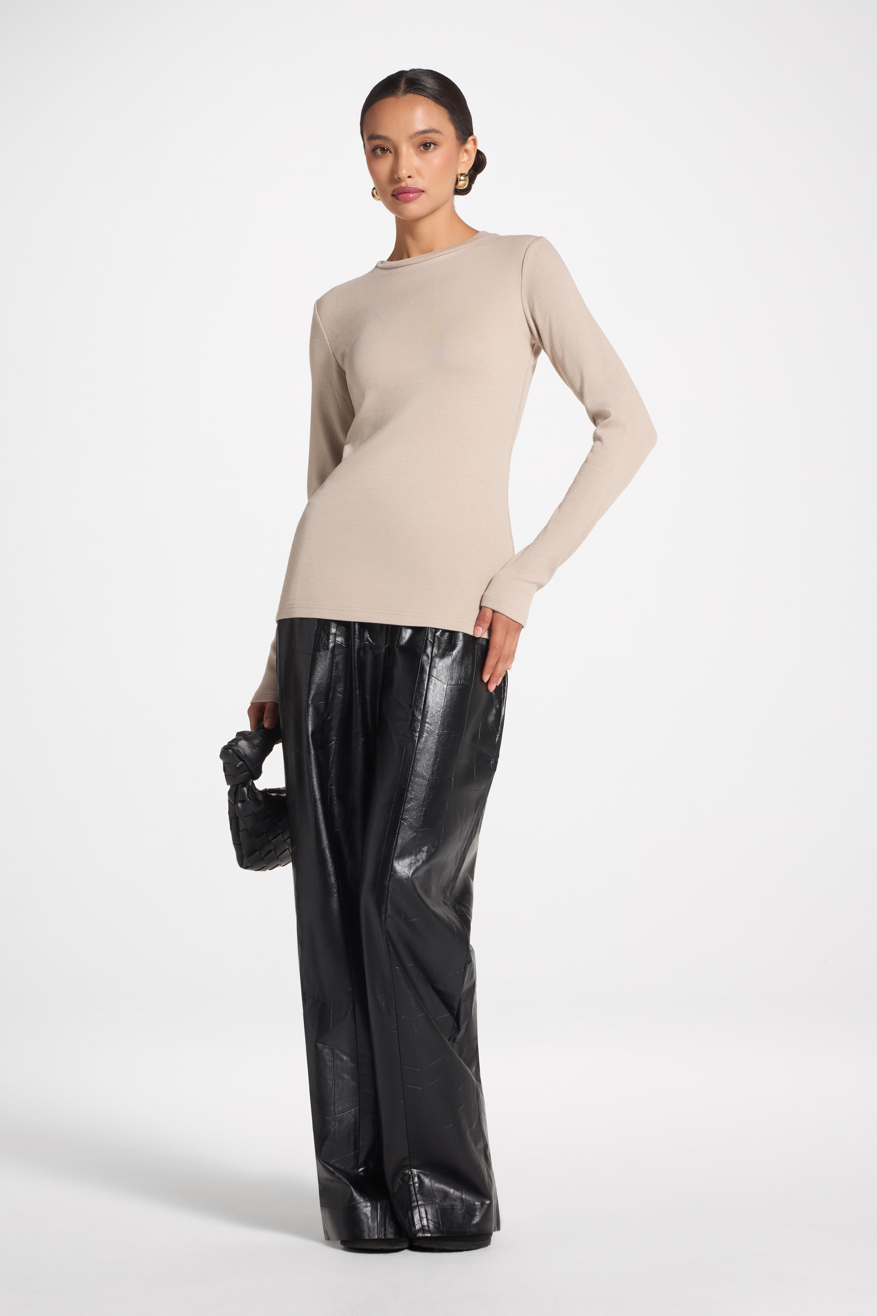 Brushed Cotton Blend Crew Neck Top - Taupe Top Veiled 