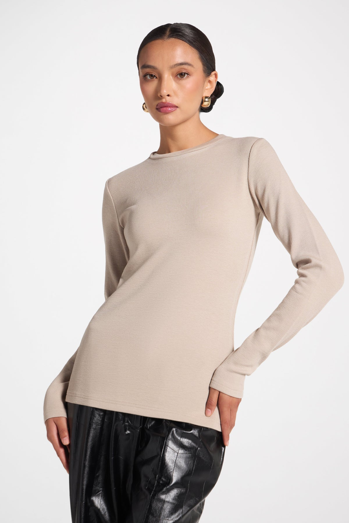 Brushed Cotton Blend Crew Neck Top - Taupe Top Veiled 