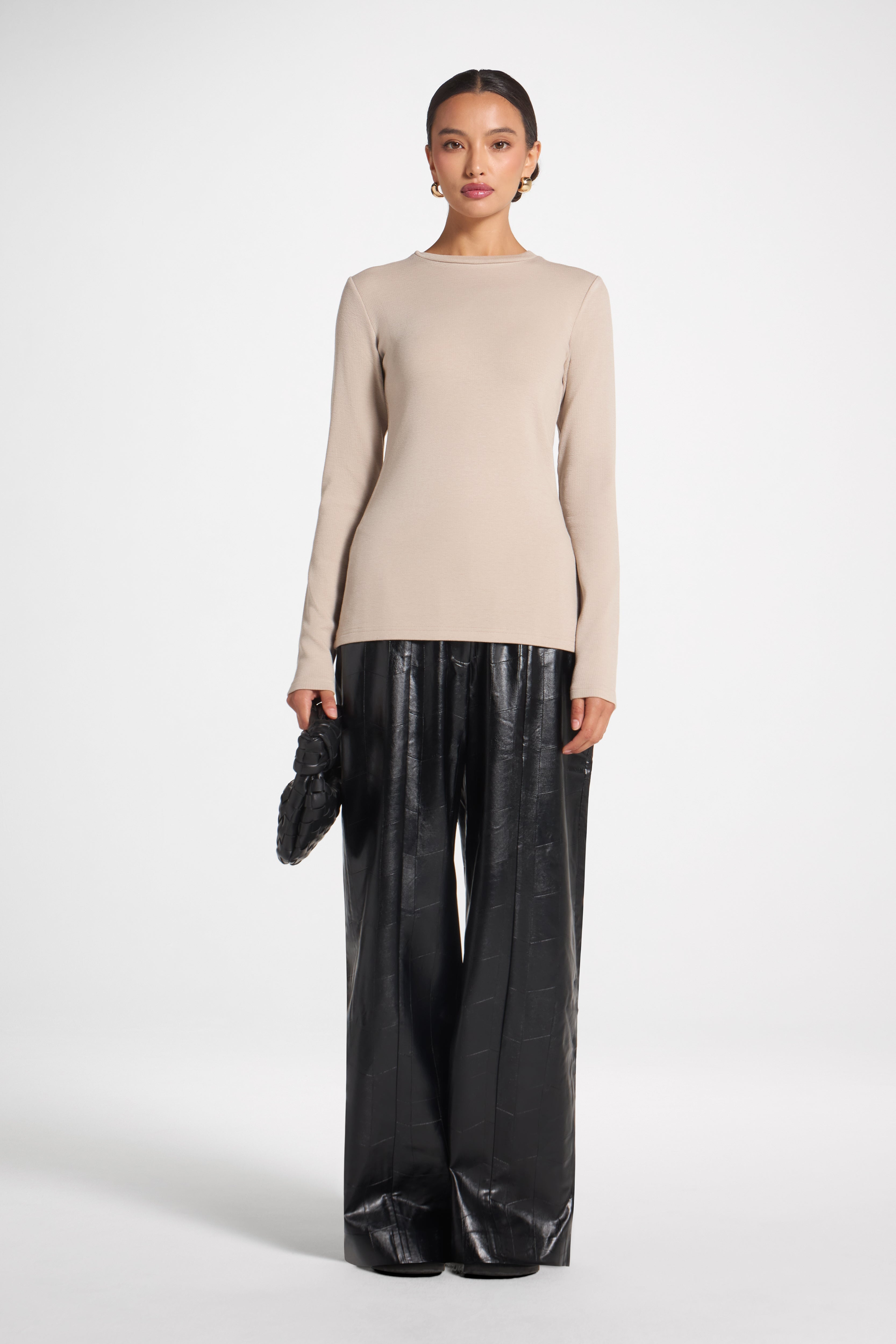 Brushed Cotton Blend Crew Neck Top - Taupe Top Veiled 