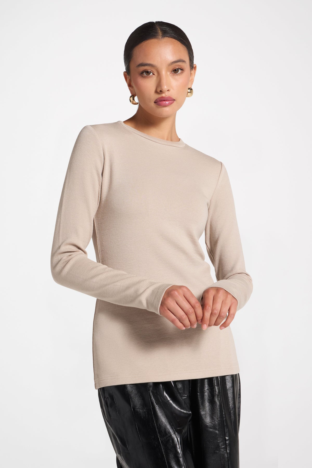 Brushed Cotton Blend Crew Neck Top - Taupe Top Veiled 