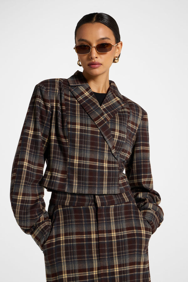 Brushed Plaid Cropped Jacket - Midnight Espresso Jacket Veiled 