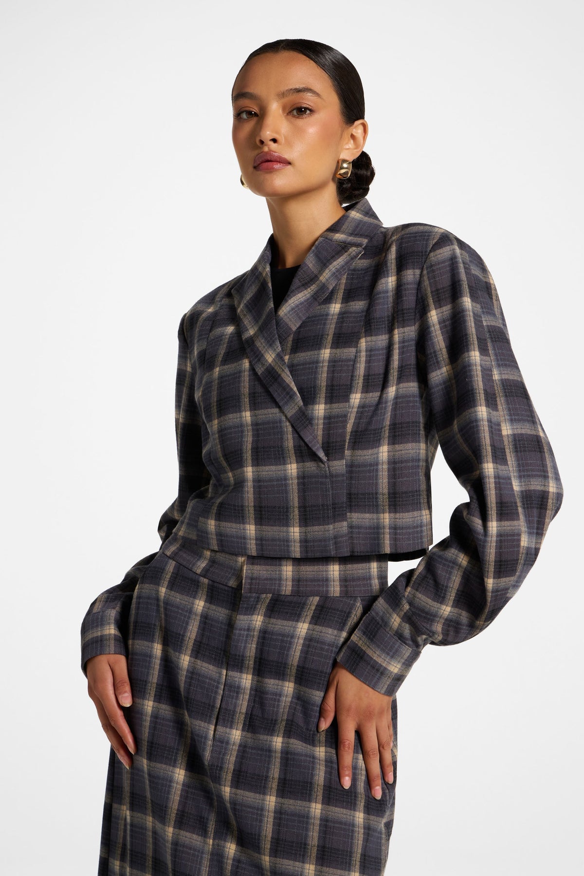 Brushed Plaid Cropped Jacket - Midnight Storm Jacket Veiled 