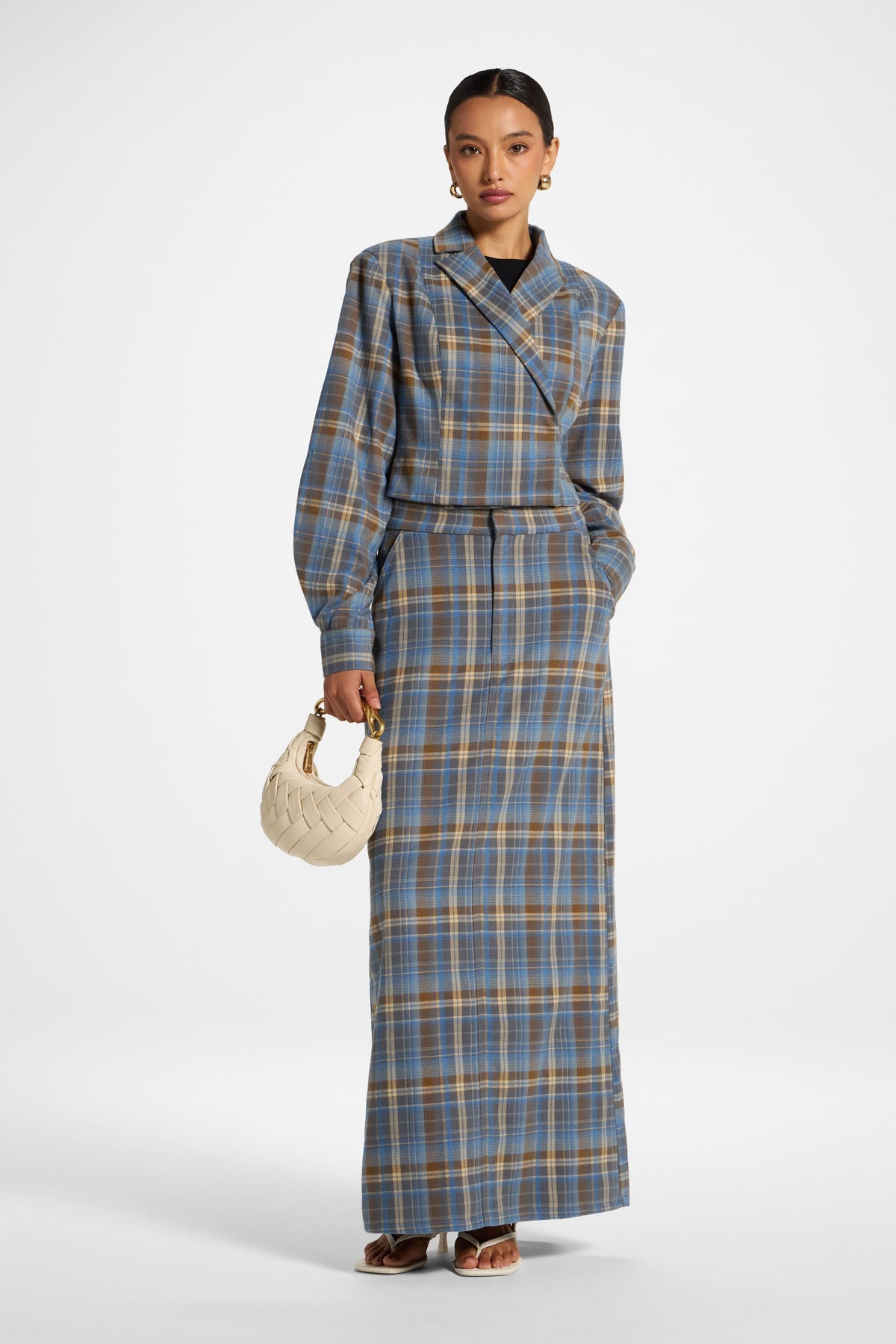 Brushed Plaid Cropped Jacket - Sky Jacket Veiled 