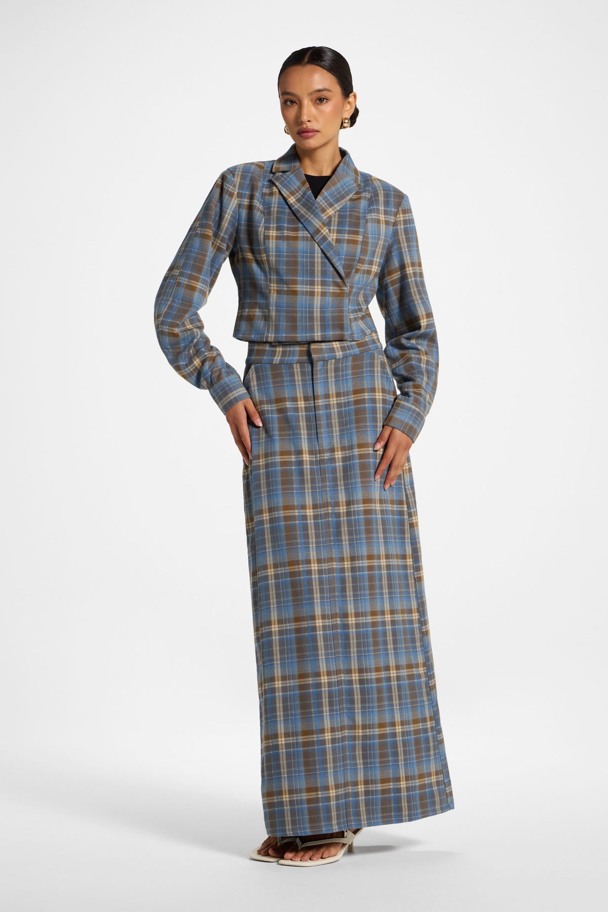 Brushed Plaid Cropped Jacket - Sky Jacket Veiled 