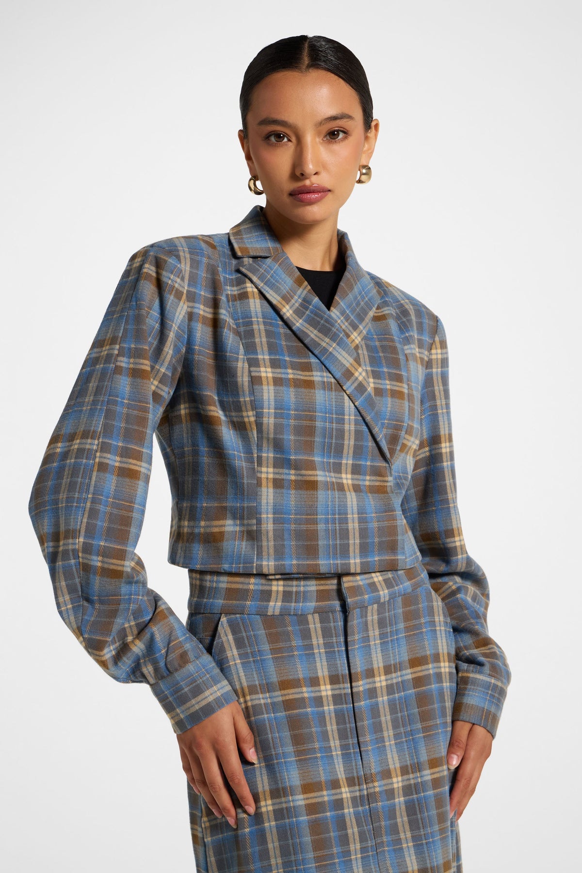 Brushed Plaid Cropped Jacket - Sky Jacket Veiled 