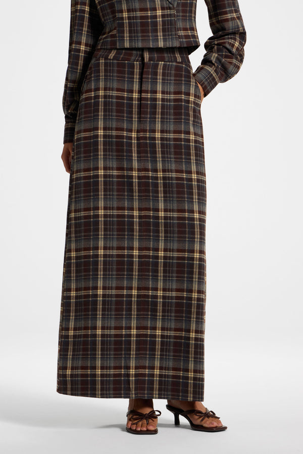 Brushed Plaid Maxi Skirt - Midnight Espresso Skirt Veiled 