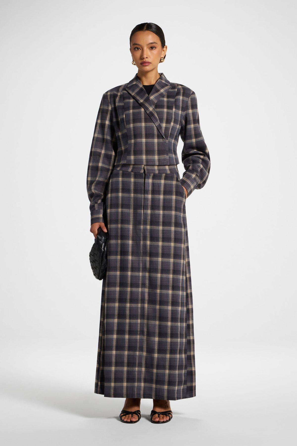 Brushed Plaid Maxi Skirt - Midnight Storm Skirt Veiled 