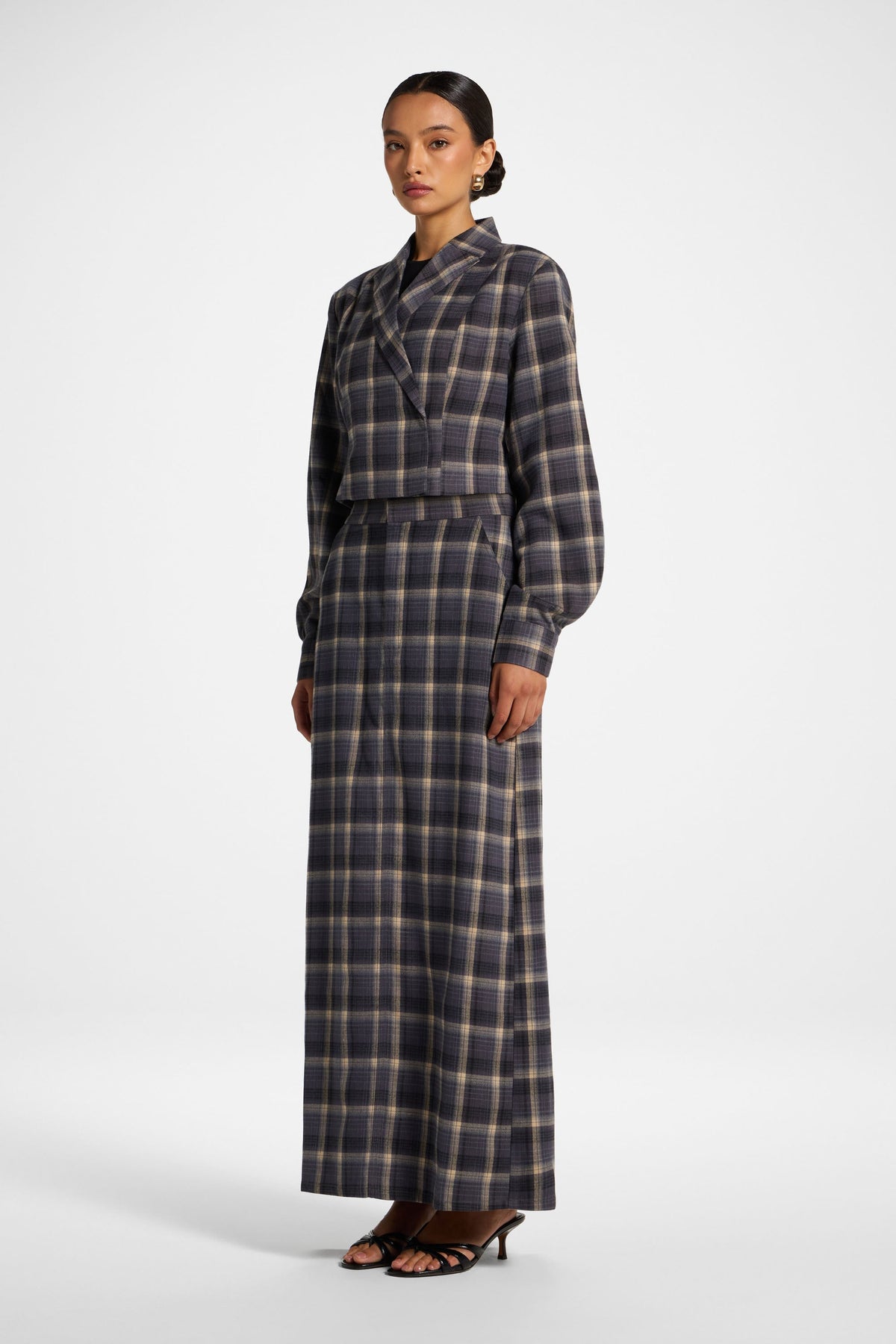 Brushed Plaid Maxi Skirt - Midnight Storm Skirt Veiled 