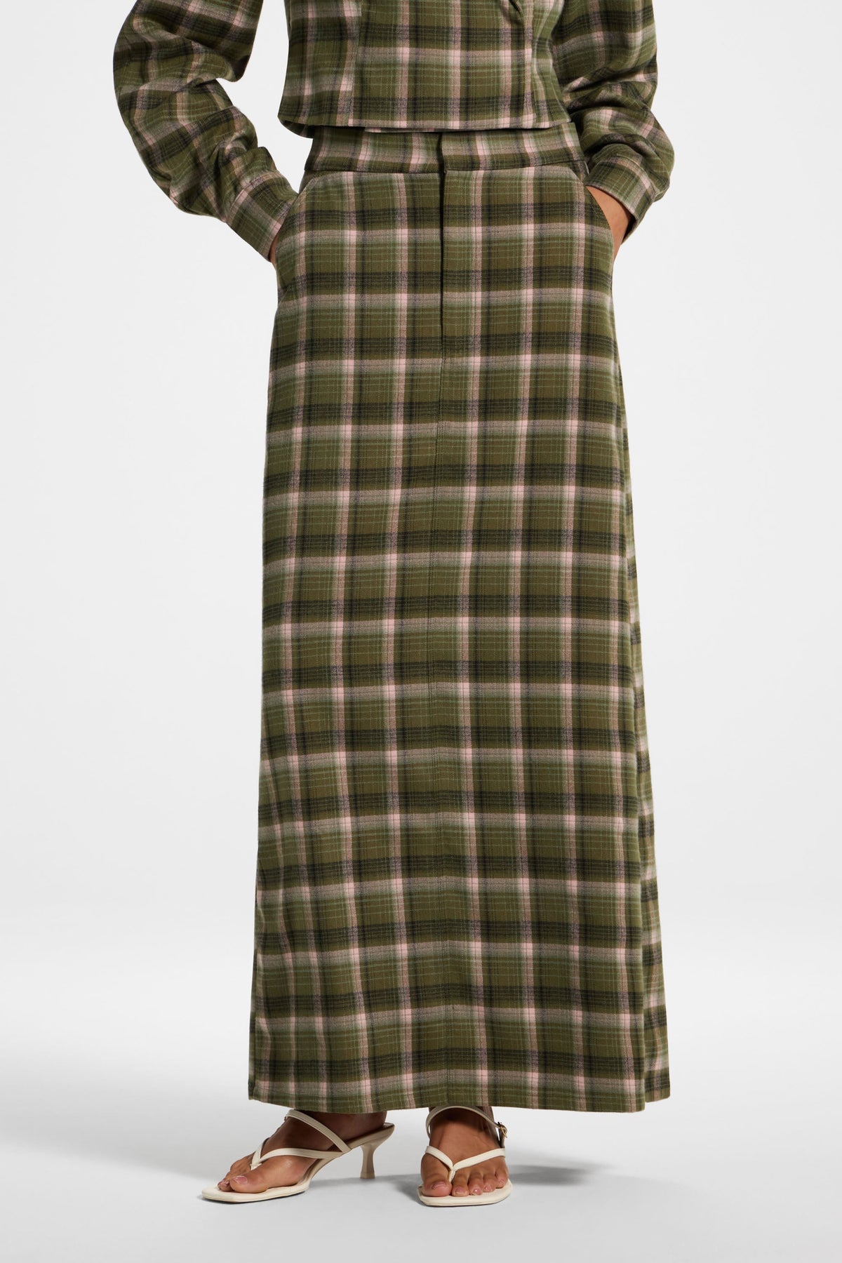 Brushed Plaid Maxi Skirt - Olive Rose Skirt Veiled 
