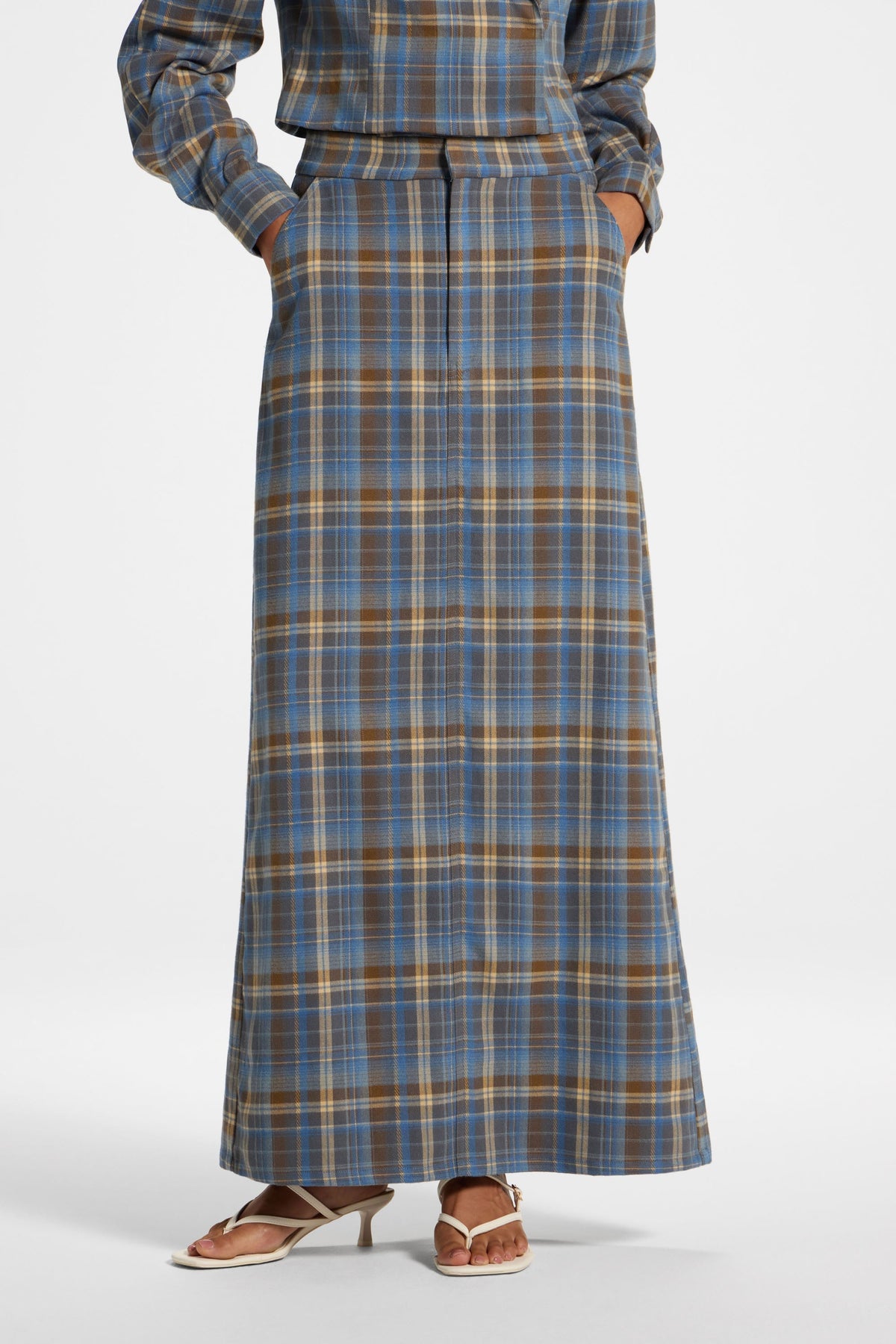 Brushed Plaid Maxi Skirt - Sky Skirt Veiled 