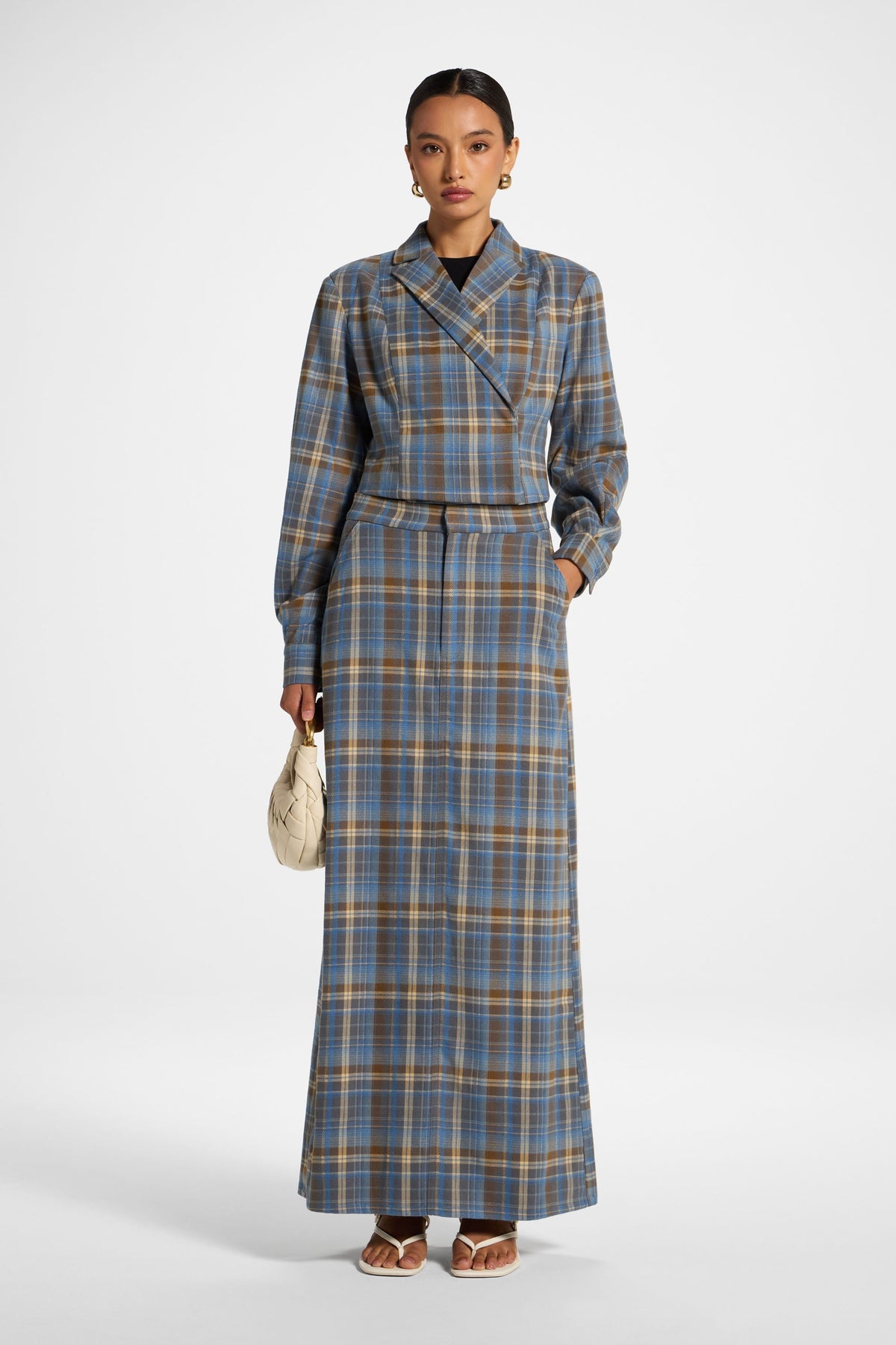 Brushed Plaid Maxi Skirt - Sky Skirt Veiled 