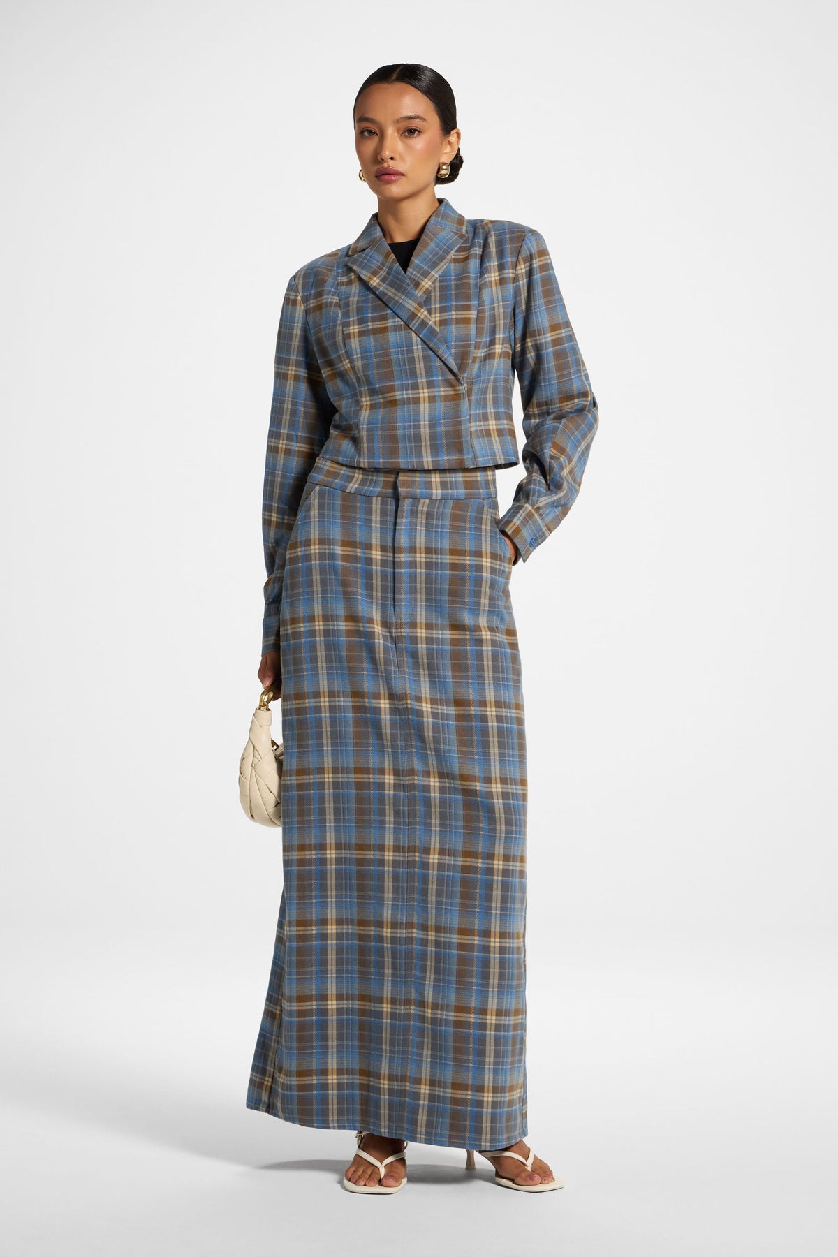 Brushed Plaid Maxi Skirt - Sky Skirt Veiled 