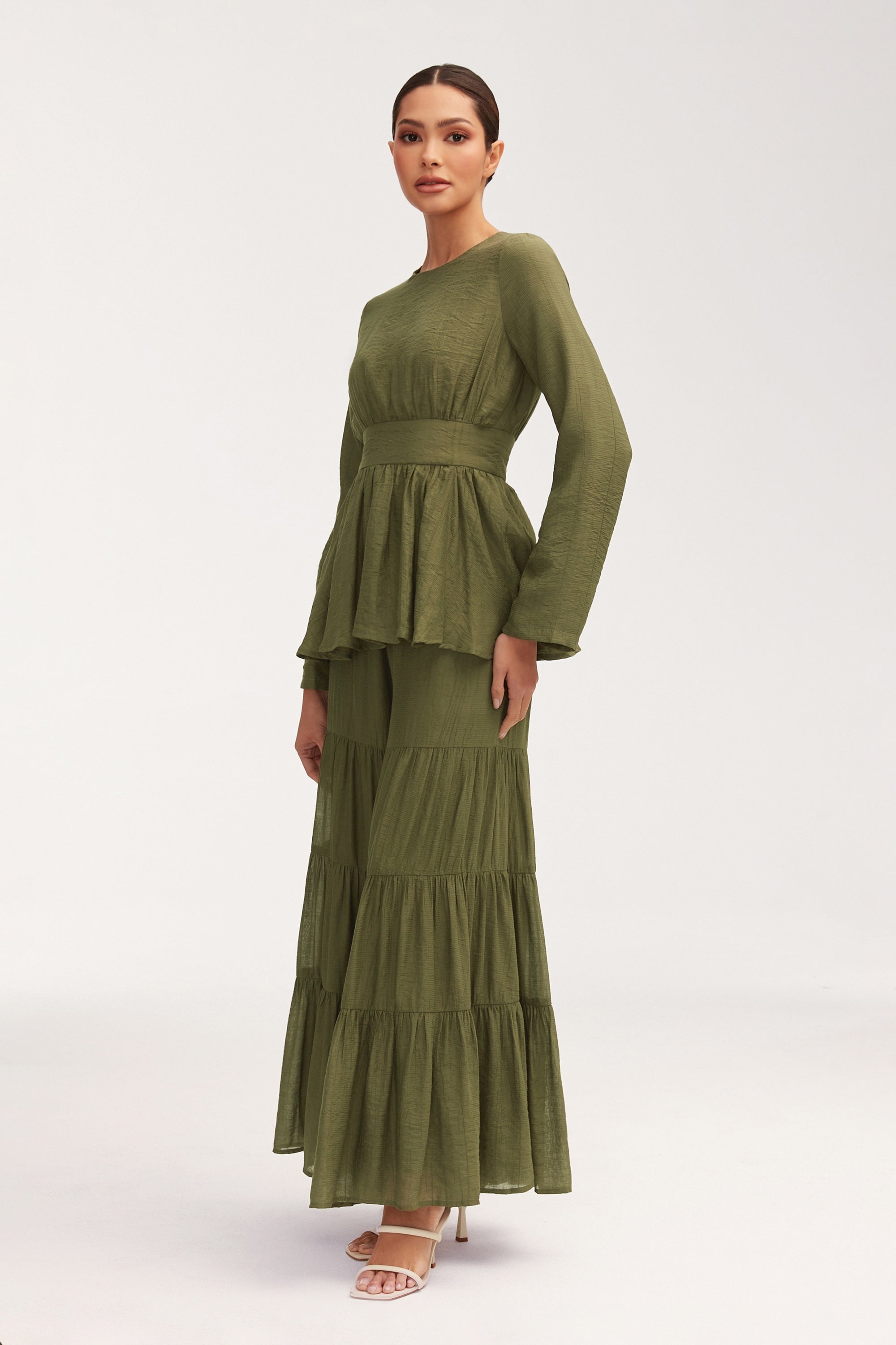 Bushra Palazzo Wide Leg Pants - Olive Clothing Veiled 