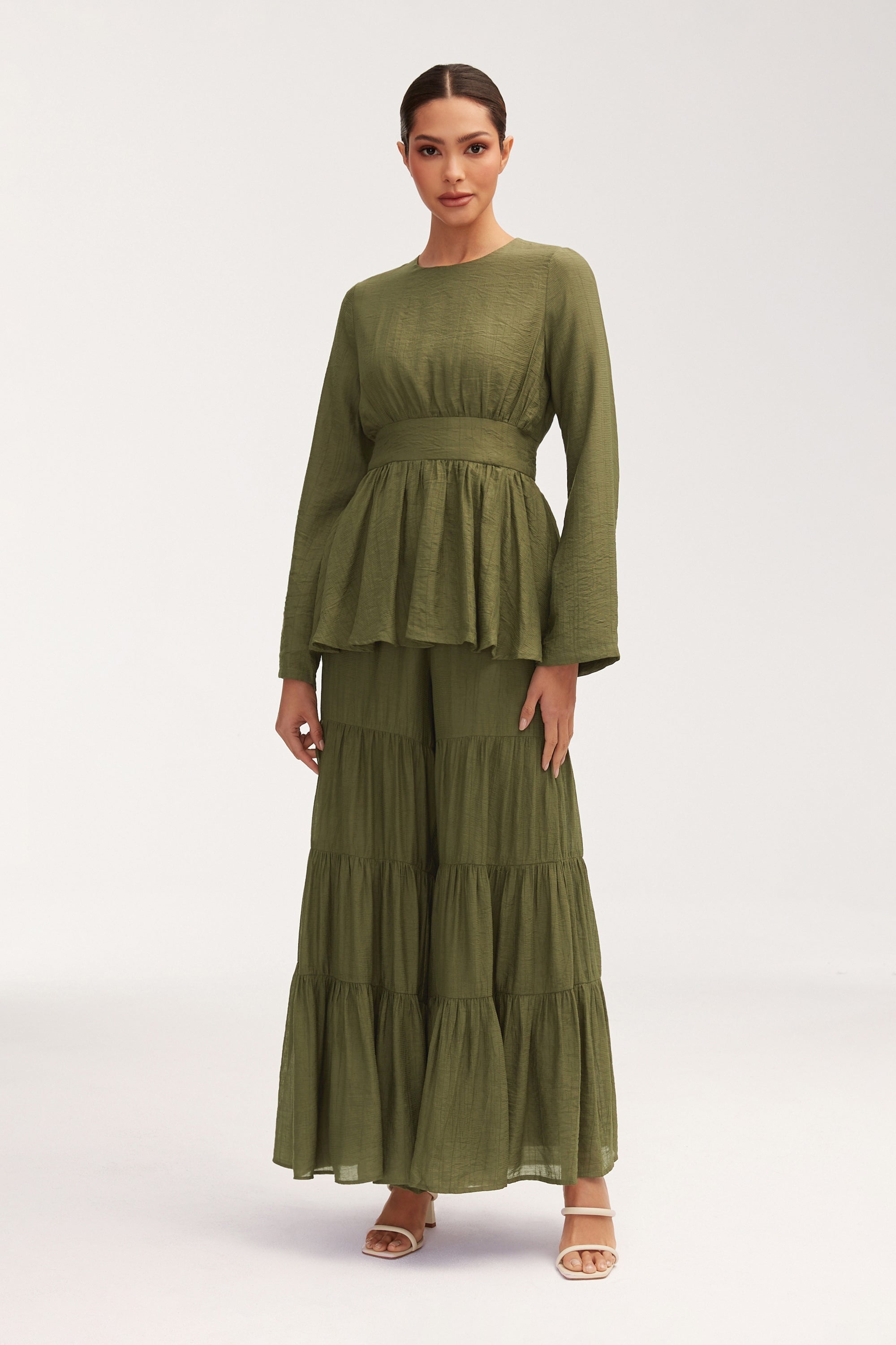 Bushra Palazzo Wide Leg Pants - Olive Clothing Veiled 