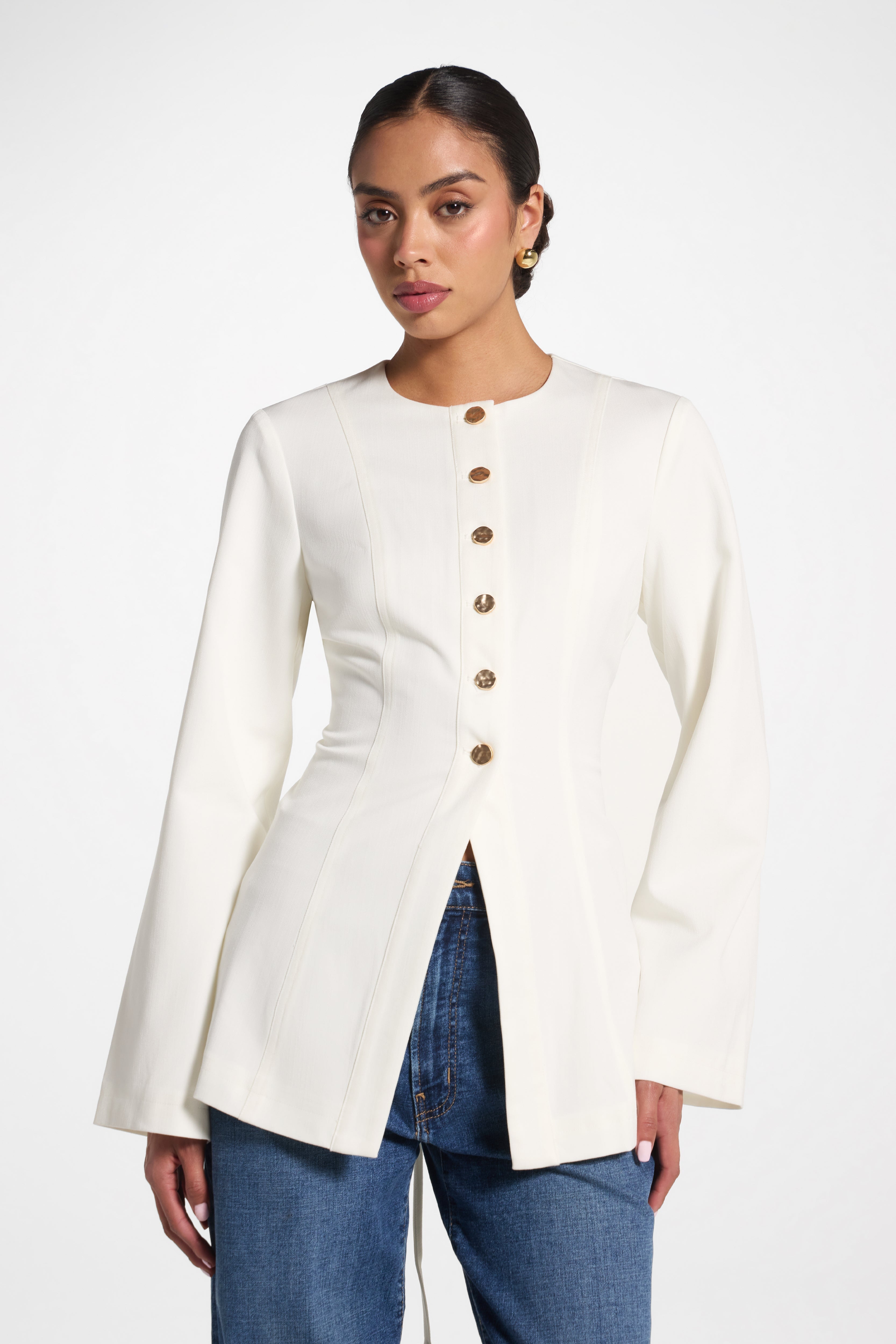 Button Up Cinch Top - White Abayas Veiled 