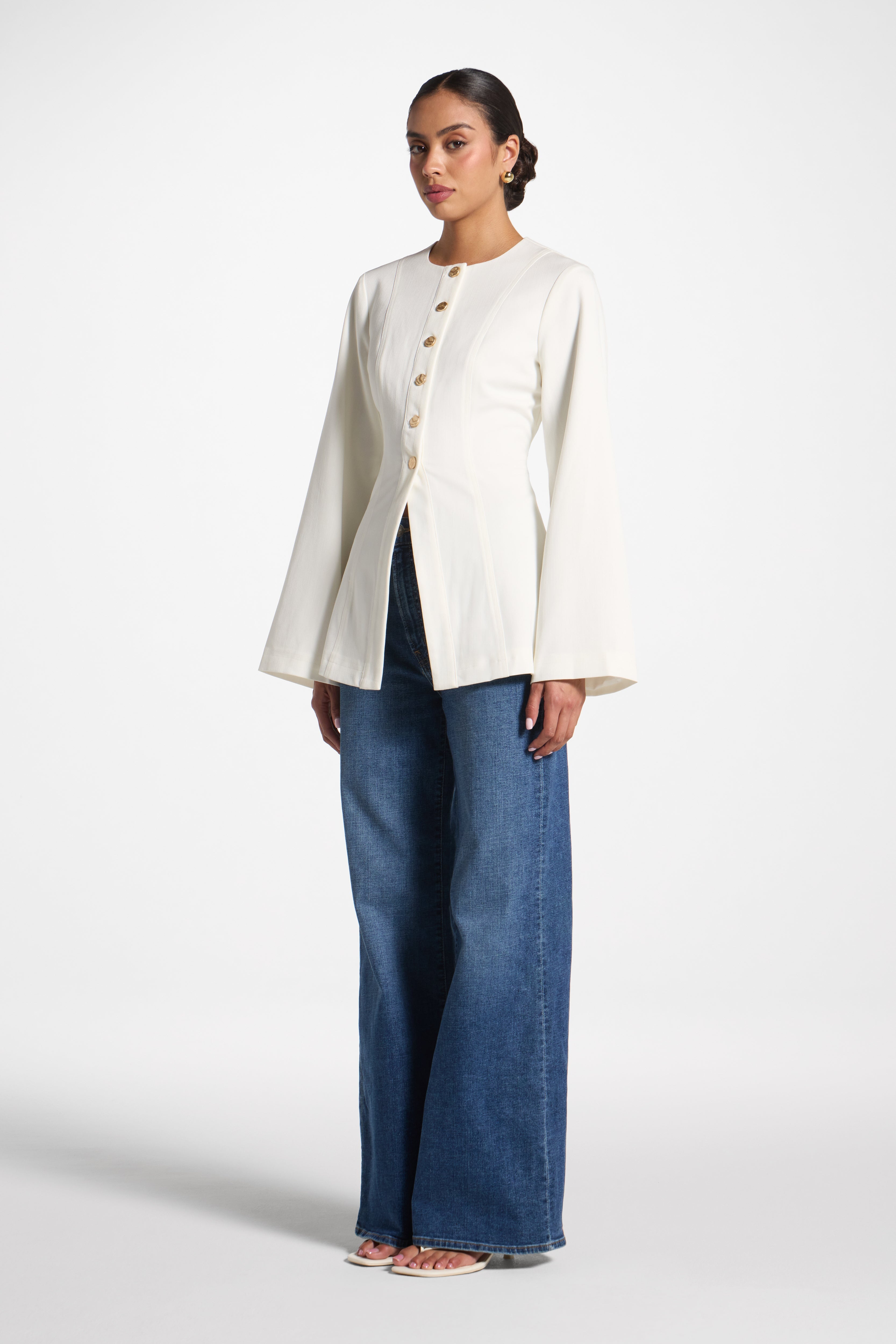 Button Up Cinch Top - White Abayas Veiled 