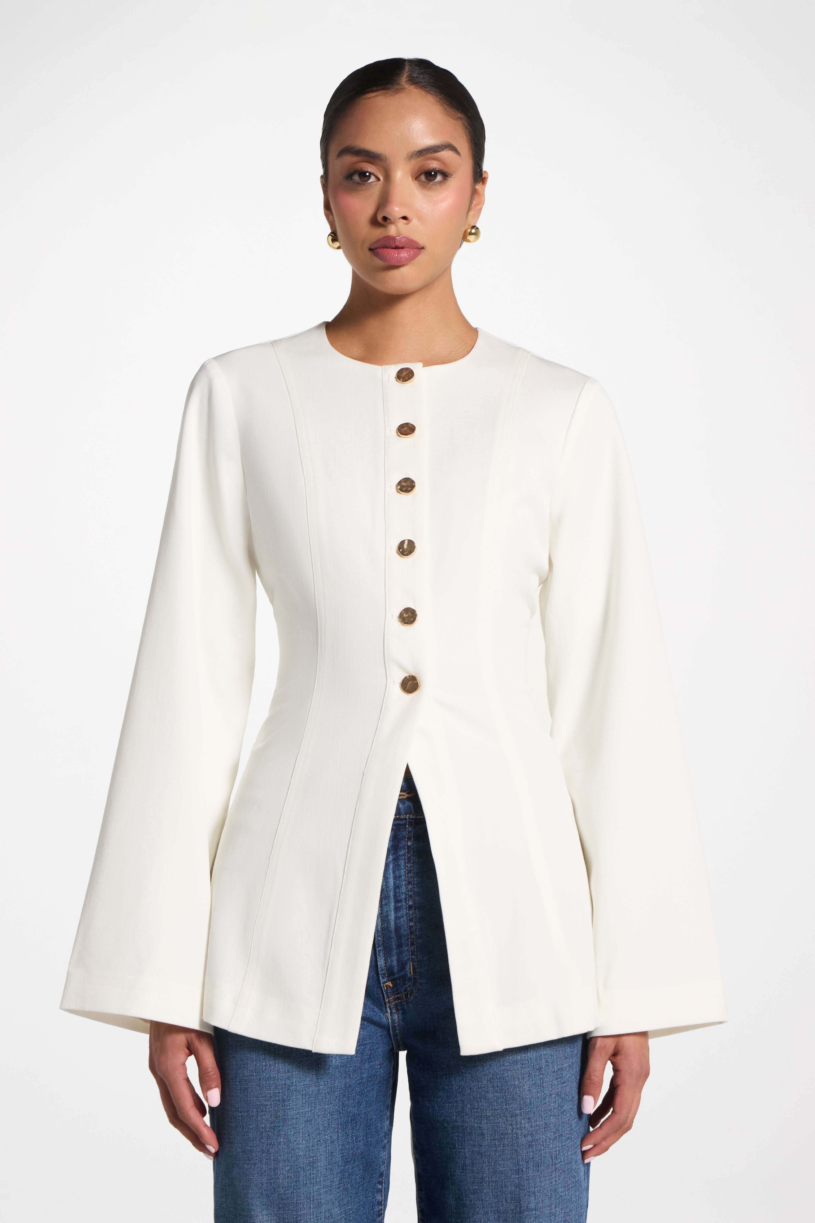 Button Up Cinch Top - White Abayas Veiled 