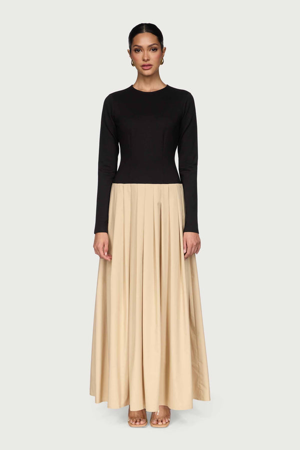 Camella Drop Waist Pleated Maxi Dress - Black/Beige Dresses Veiled 