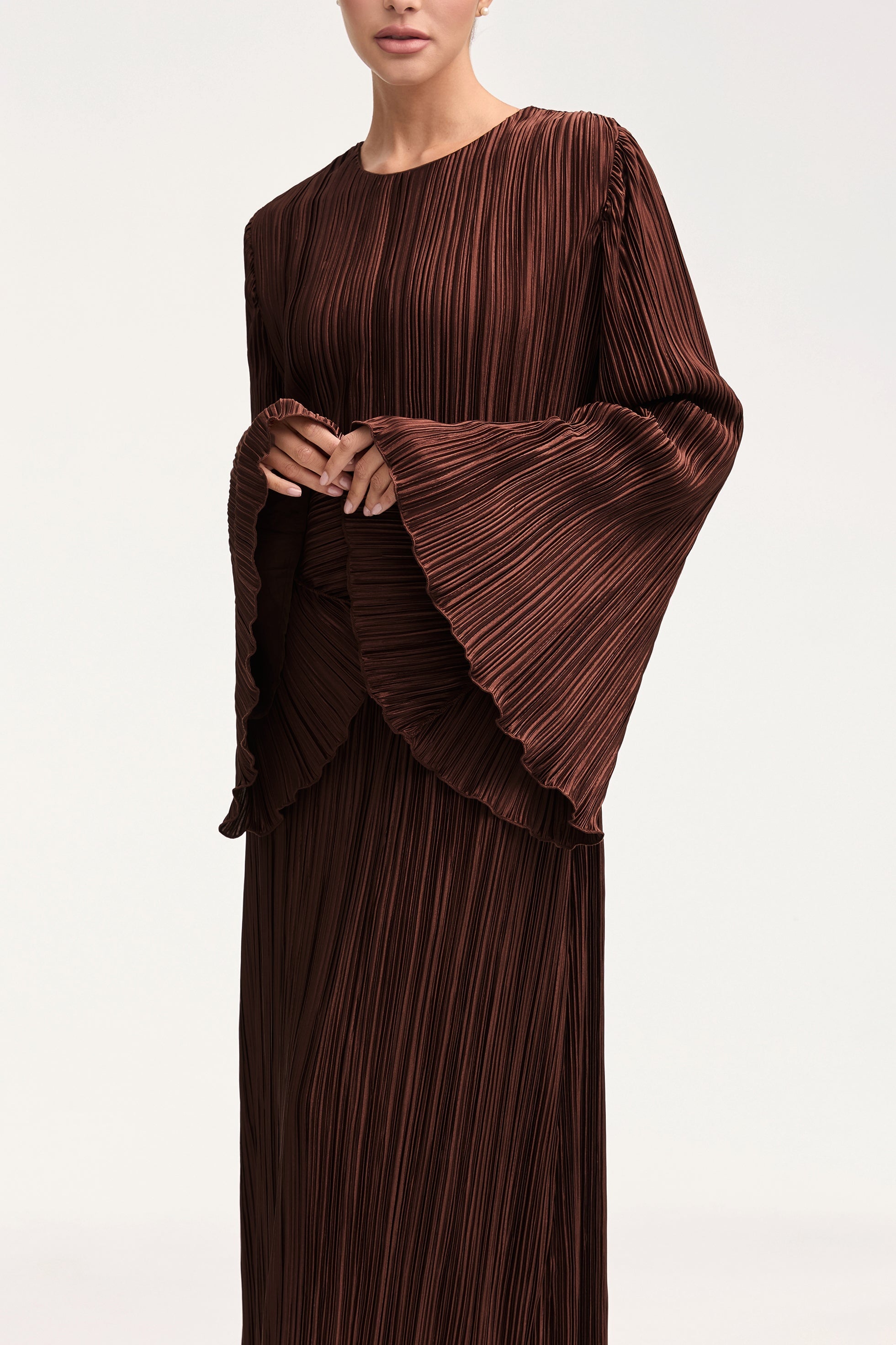 Camille Satin Plisse Maxi Dress - Chocolate Brown Clothing Veiled 