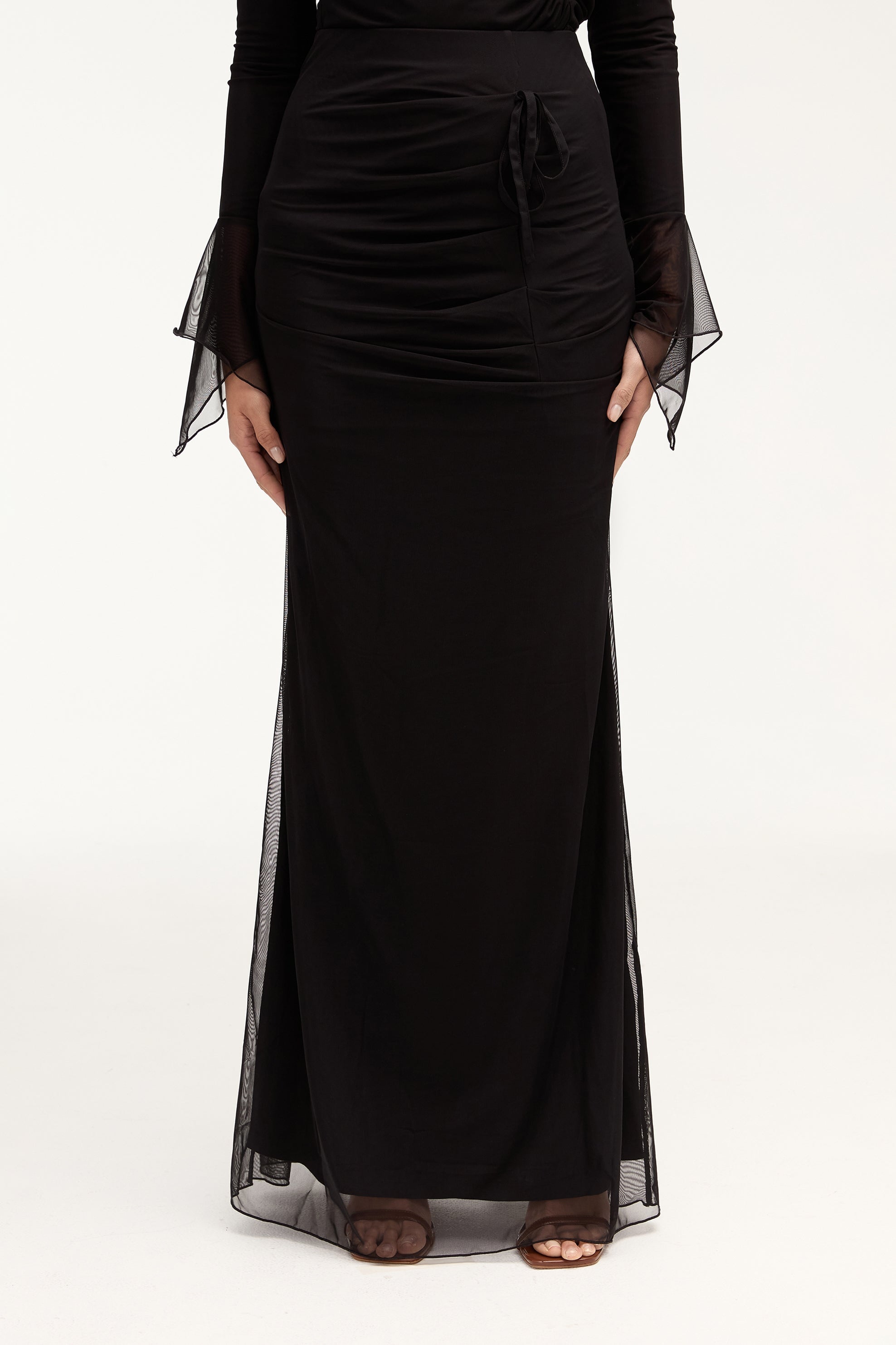 Capri Rouched Mesh Maxi Skirt - Black Clothing Veiled 