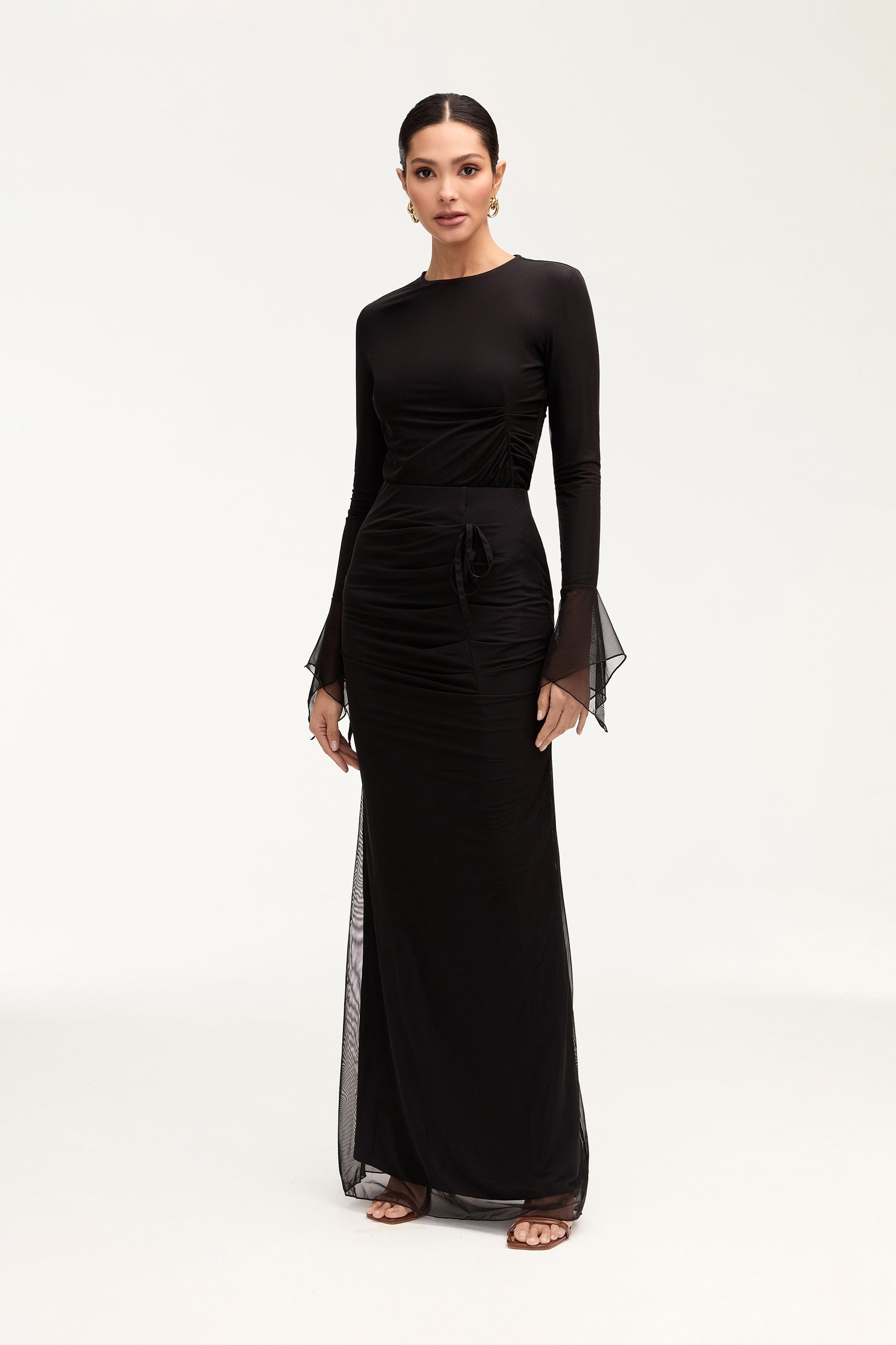 Capri Rouched Mesh Maxi Skirt - Black Clothing Veiled 