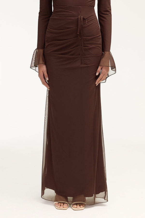 Capri Rouched Mesh Maxi Skirt - Espresso Clothing Veiled 