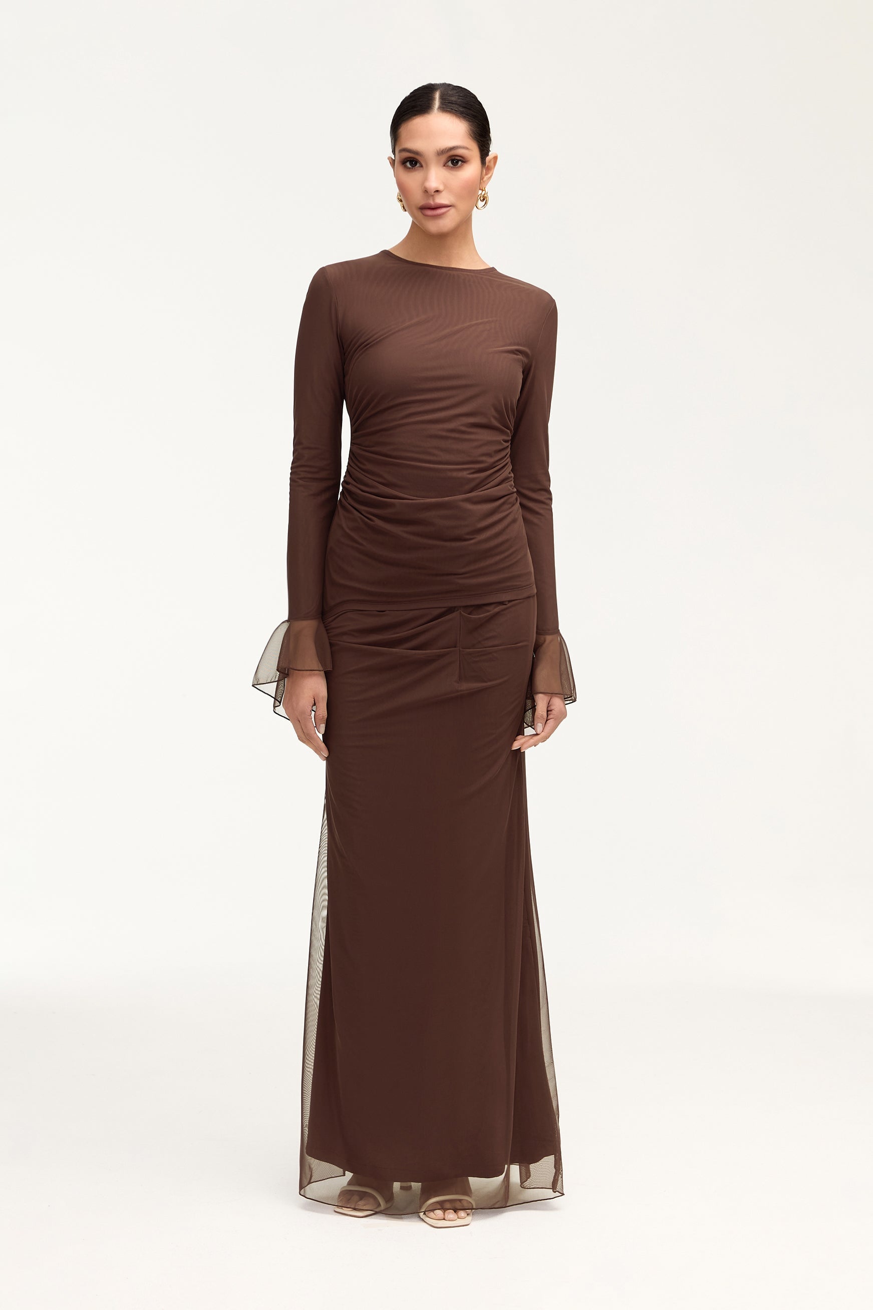 Capri Rouched Mesh Maxi Skirt - Espresso Clothing Veiled 