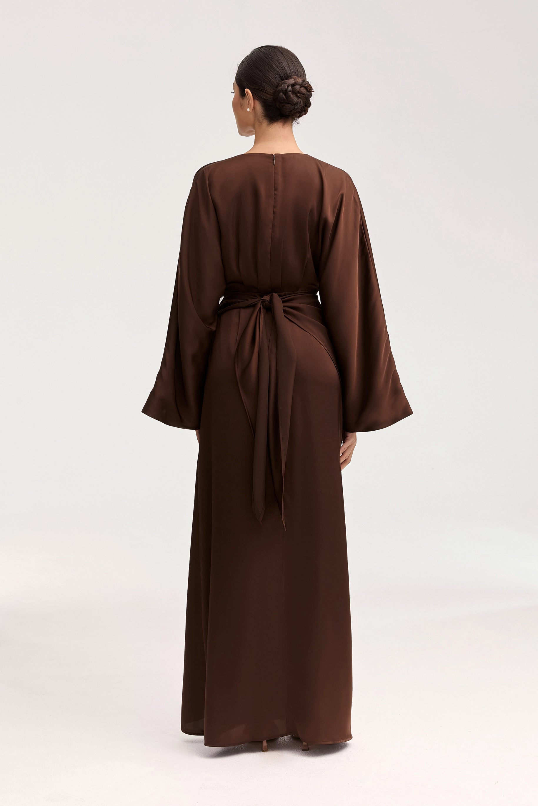 Cedra Satin Wrap Maxi Dress - Chocolate Clothing Veiled 