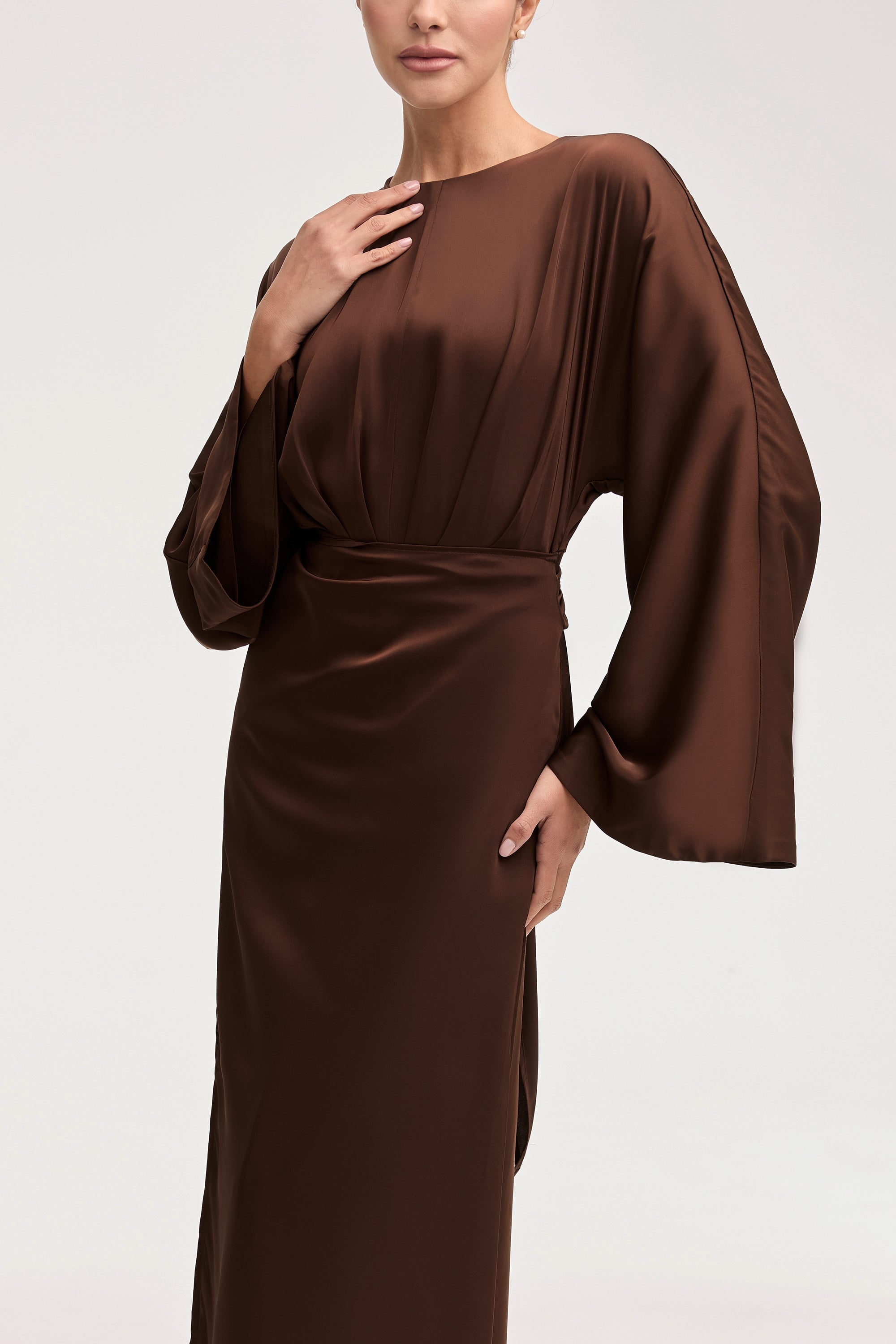 Cedra Satin Wrap Maxi Dress - Chocolate Clothing Veiled 