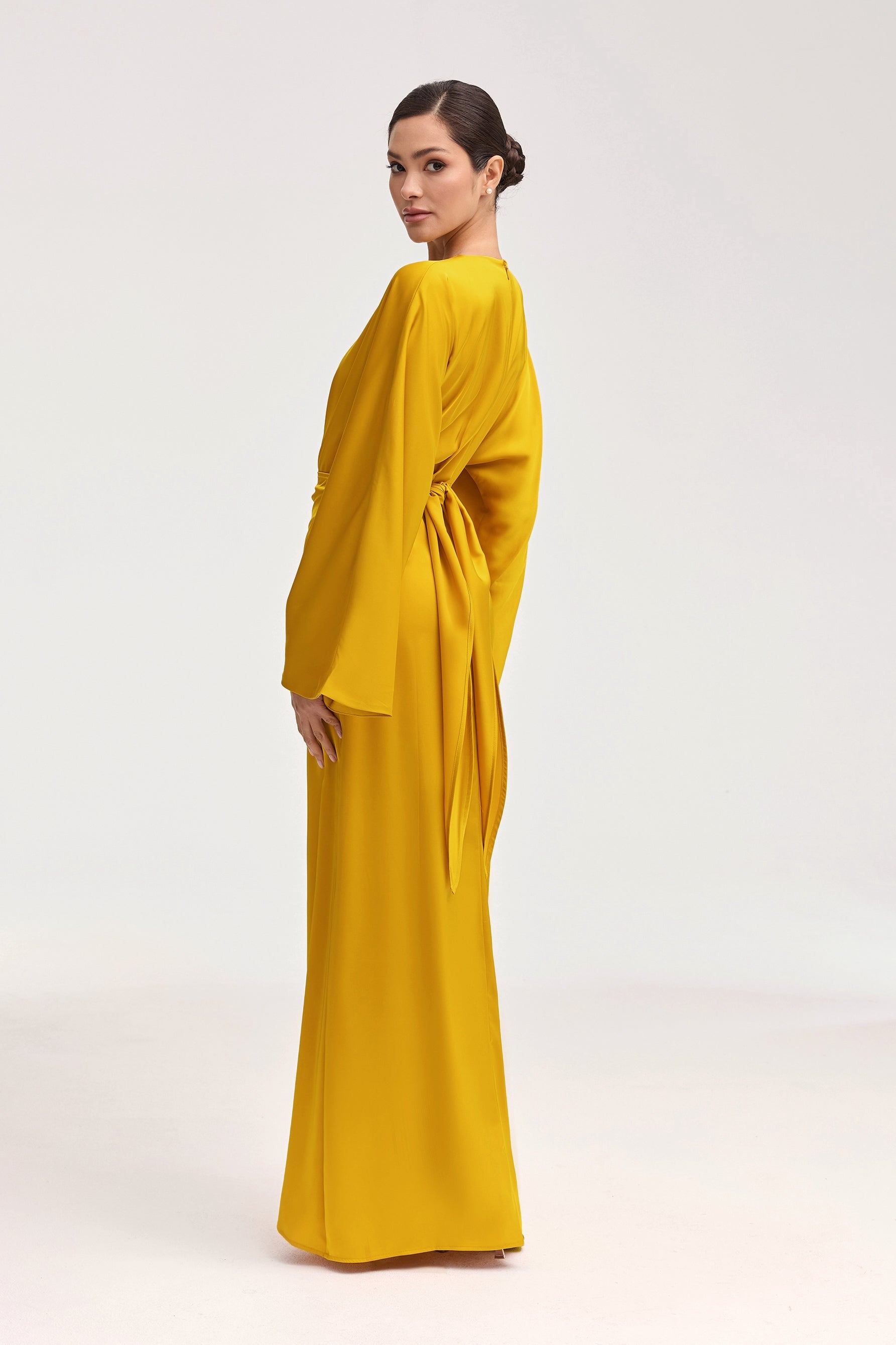 Cedra Satin Wrap Maxi Dress - Honey Clothing Veiled 