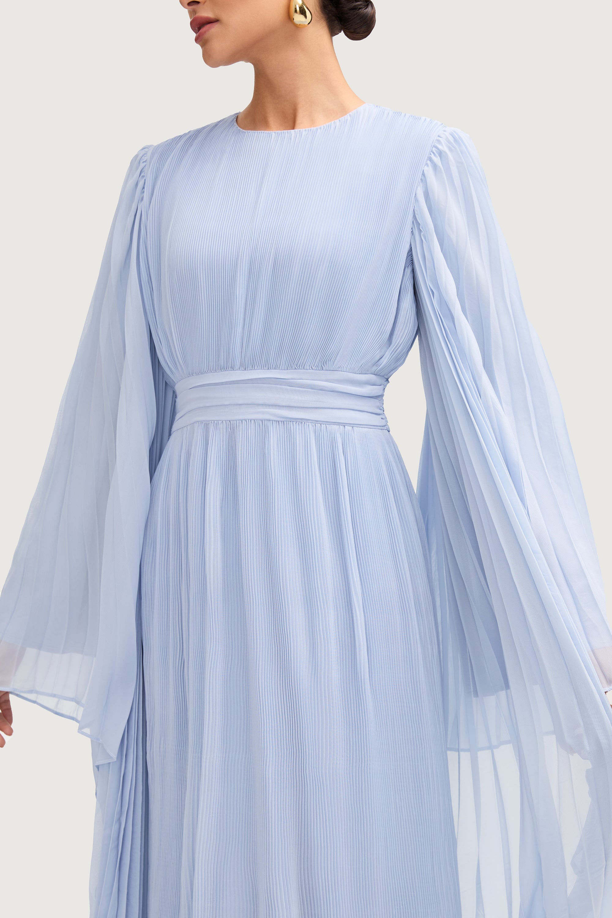 Chiffon Pleated Maxi Dress - Pastel Blue Dresses Veiled 